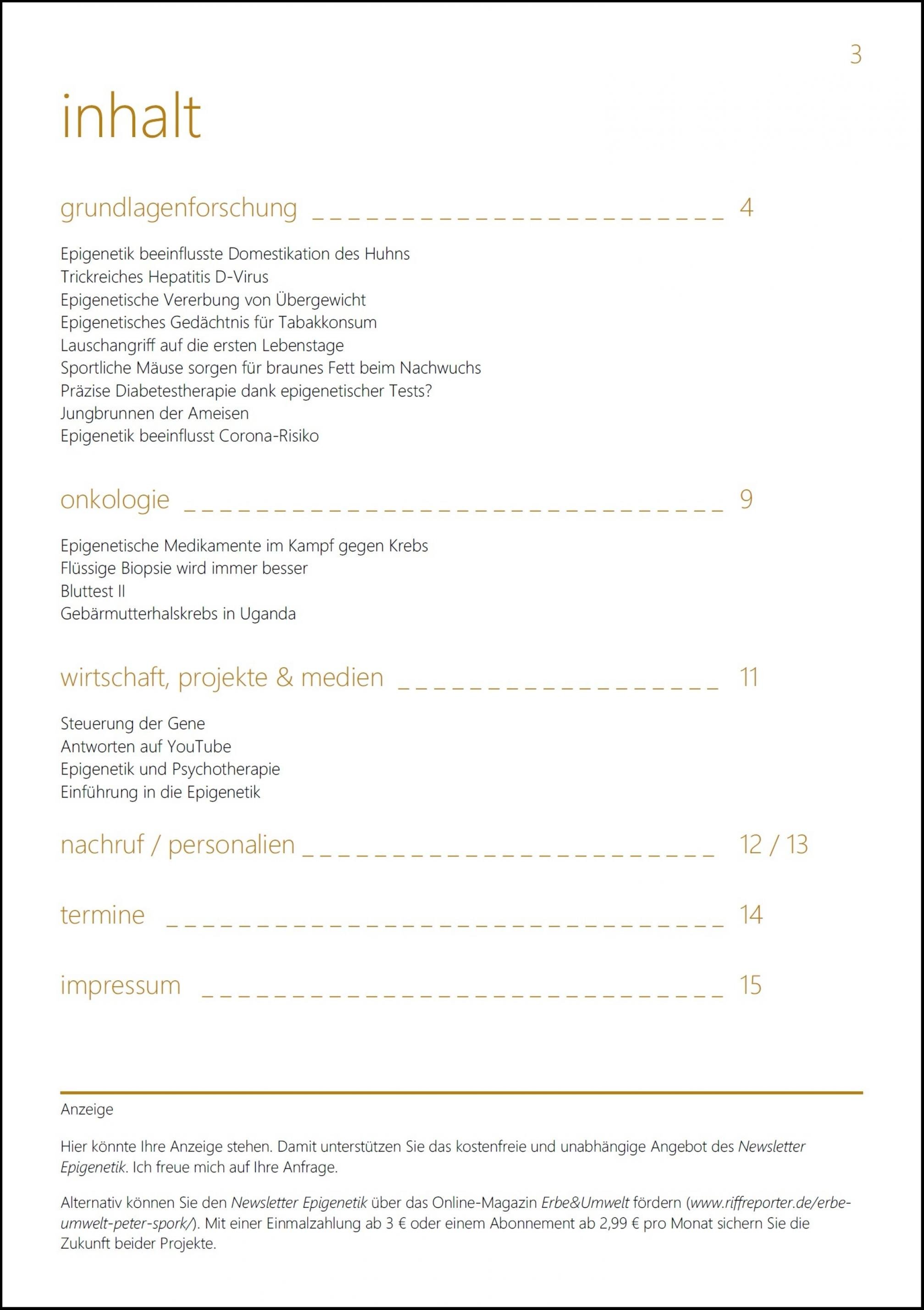 Seite 3, des Newsletter Epigenetik 33. Inhalt: Grundlagenforschung / Onkologie / Wirtschaft, Projekte & Medien / Personalien / Nachruf / Termine / Impressum
