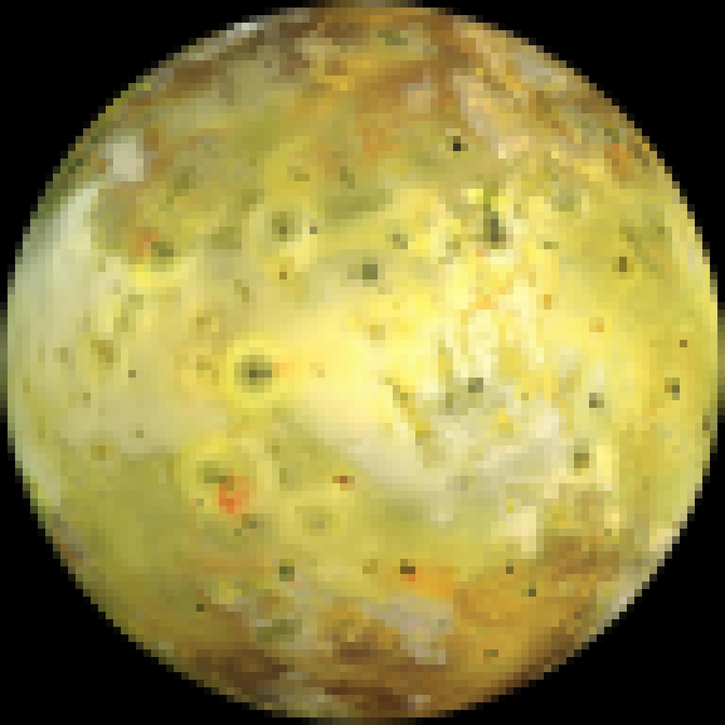 Io, der innerste der vier galileischen Monde des Jupiter, besitzt eine helle Oberfläche mit dunklen Flecken, die von Vulkanismus herrühren.