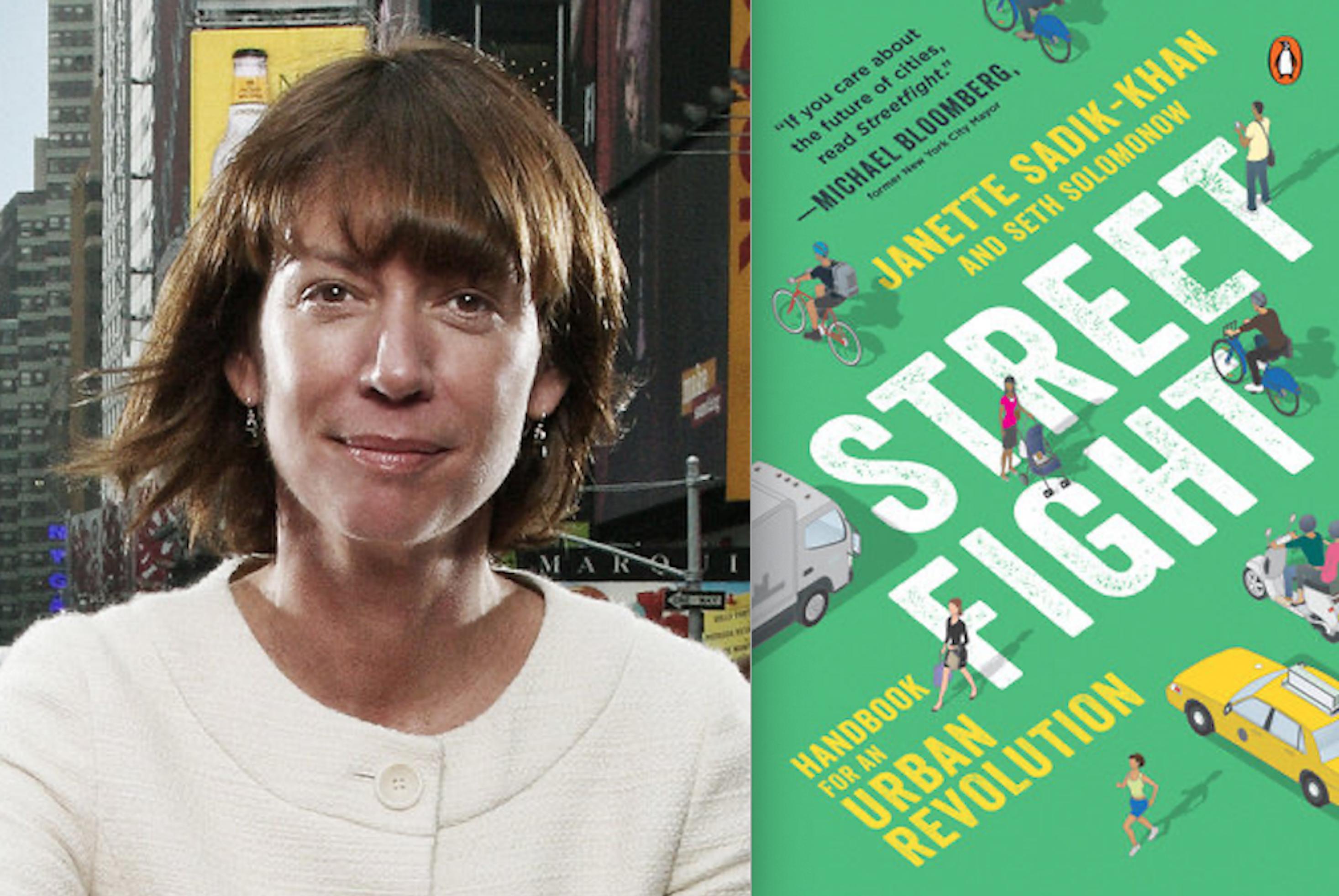 Janette Sadik-Khan hat glattes dunkelbraunes Haar. Sie trägt eine kragenlose cremefarbene Bluse. Im Hintergrund sind Leuchtreklamen vom Times Square zu sehen. In der rechten Bildhälfte ist ihr Buch „Street Fight“ abgebildet.