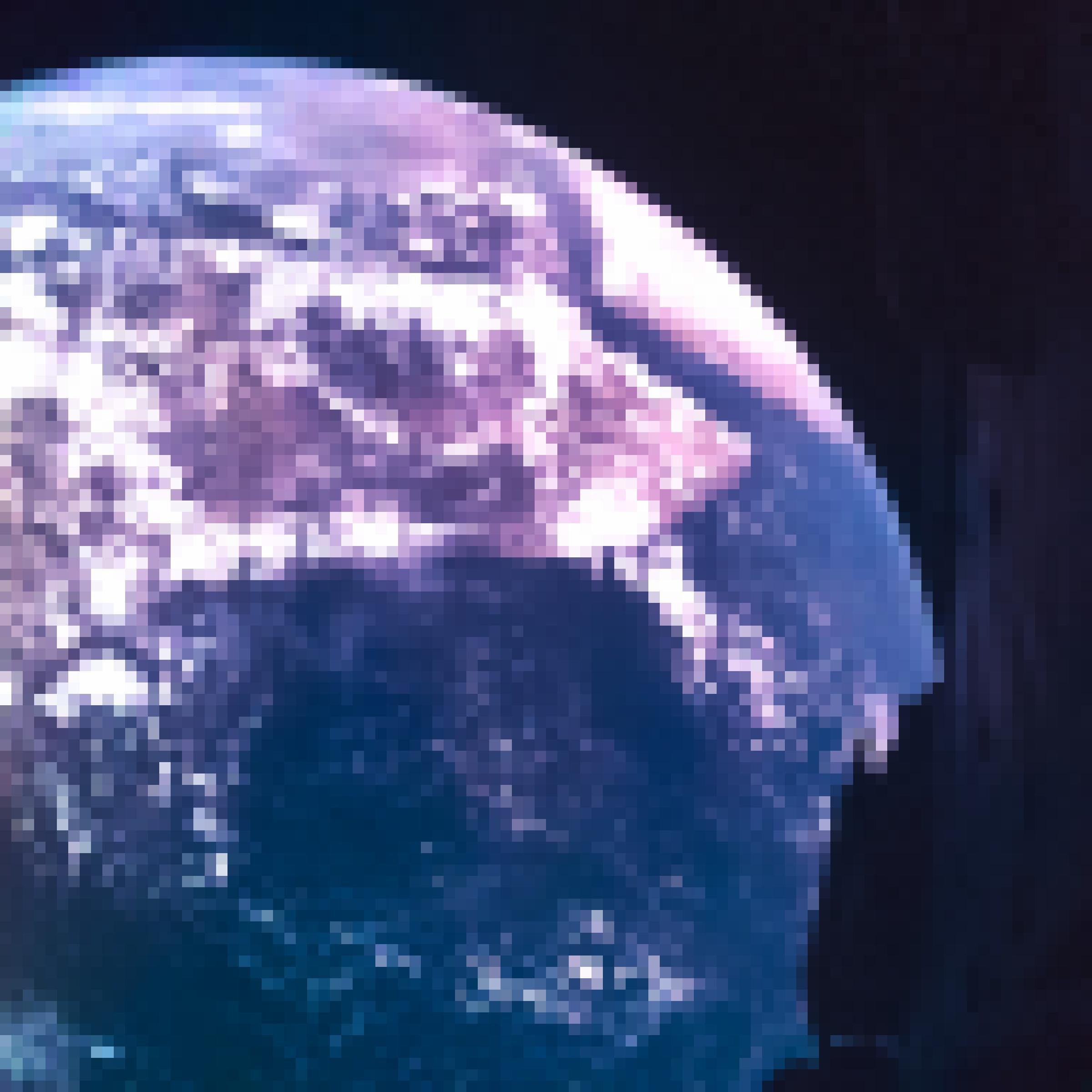 Ein Selfie von der Raumsonde Juice mit dem Blick auf die Erde. Im Hintergrund befindet sich ein großer Ausschnitt der Erde, rechts zeigt sich ein Teil der Raumsonde, 