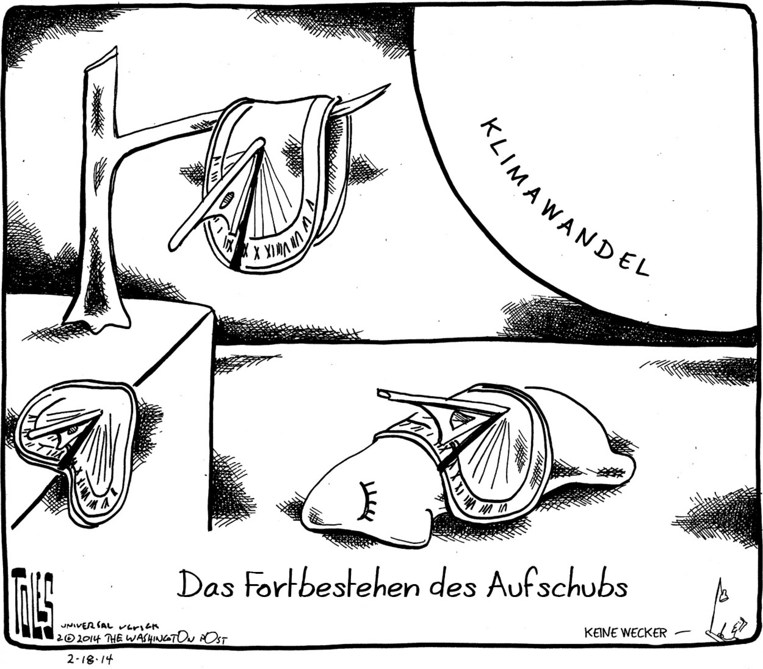 Eine Karikatur: Eine Sonne mit Aufschrift Klimawandel lässt Uhren schmelzen, sie biegen sich über Äste, Kanten und Figuren.–
Als wäre es ein Werk von Dali: Der Klimawandel schreitet voran und nichts passiert. Entnommen aus „Der Tollhauseffekt“ (2018), 