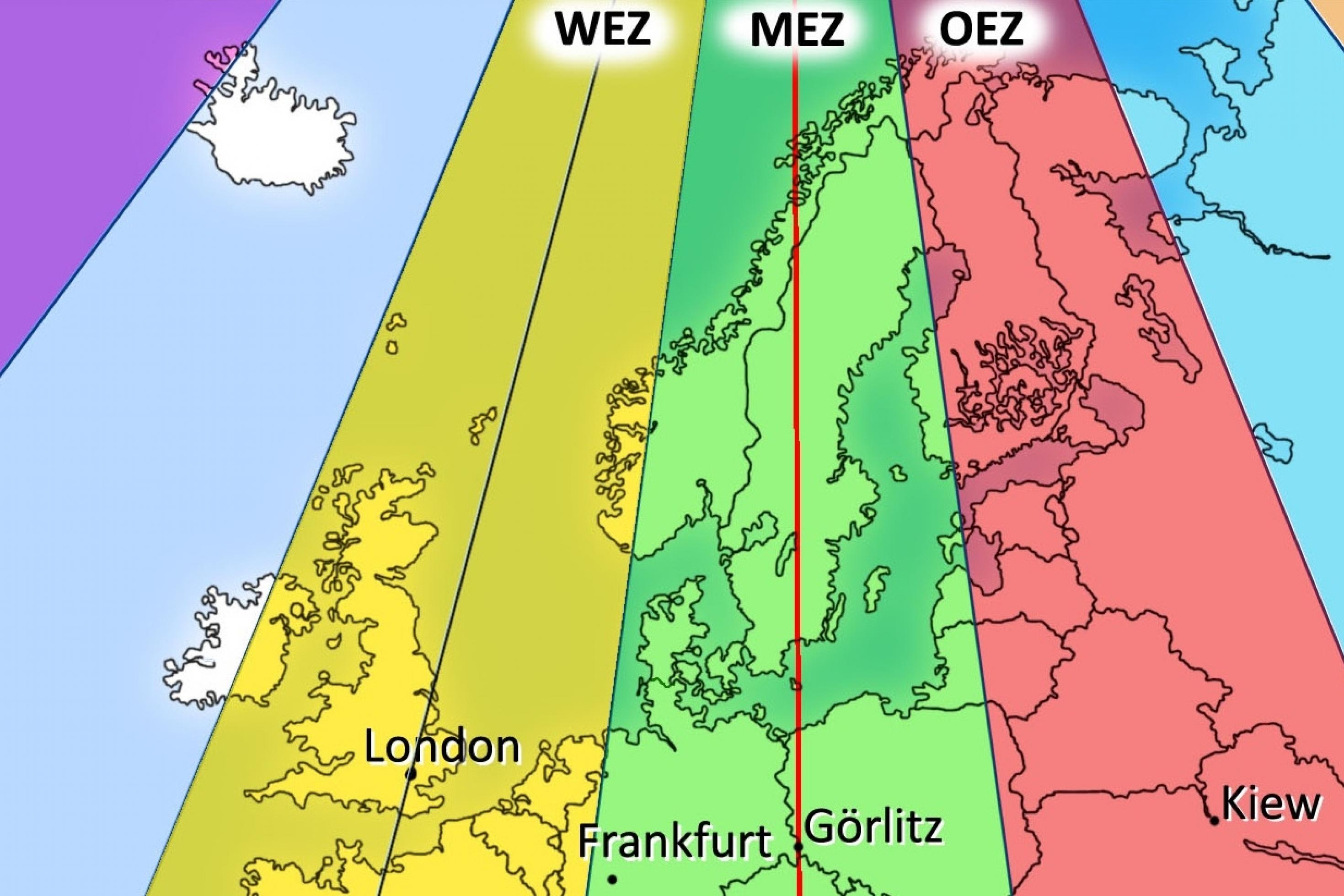 Eine Europakarte, die in mehrere Zeitzonen eingeteilt ist. Die Zeitzonen sind unterschiedlich angefärbt.