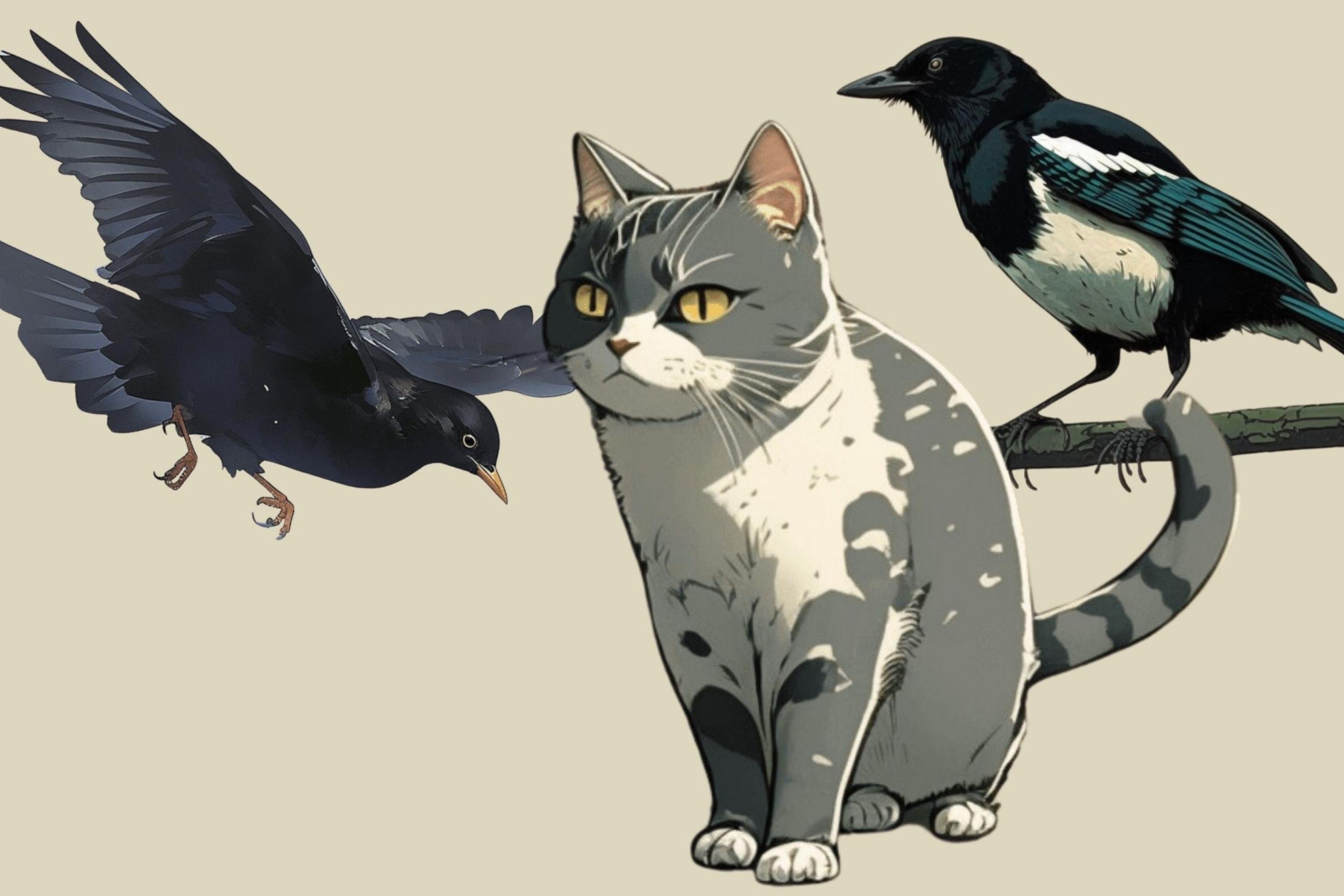 Eine Grafik mit Katze, Elster und Amsel
