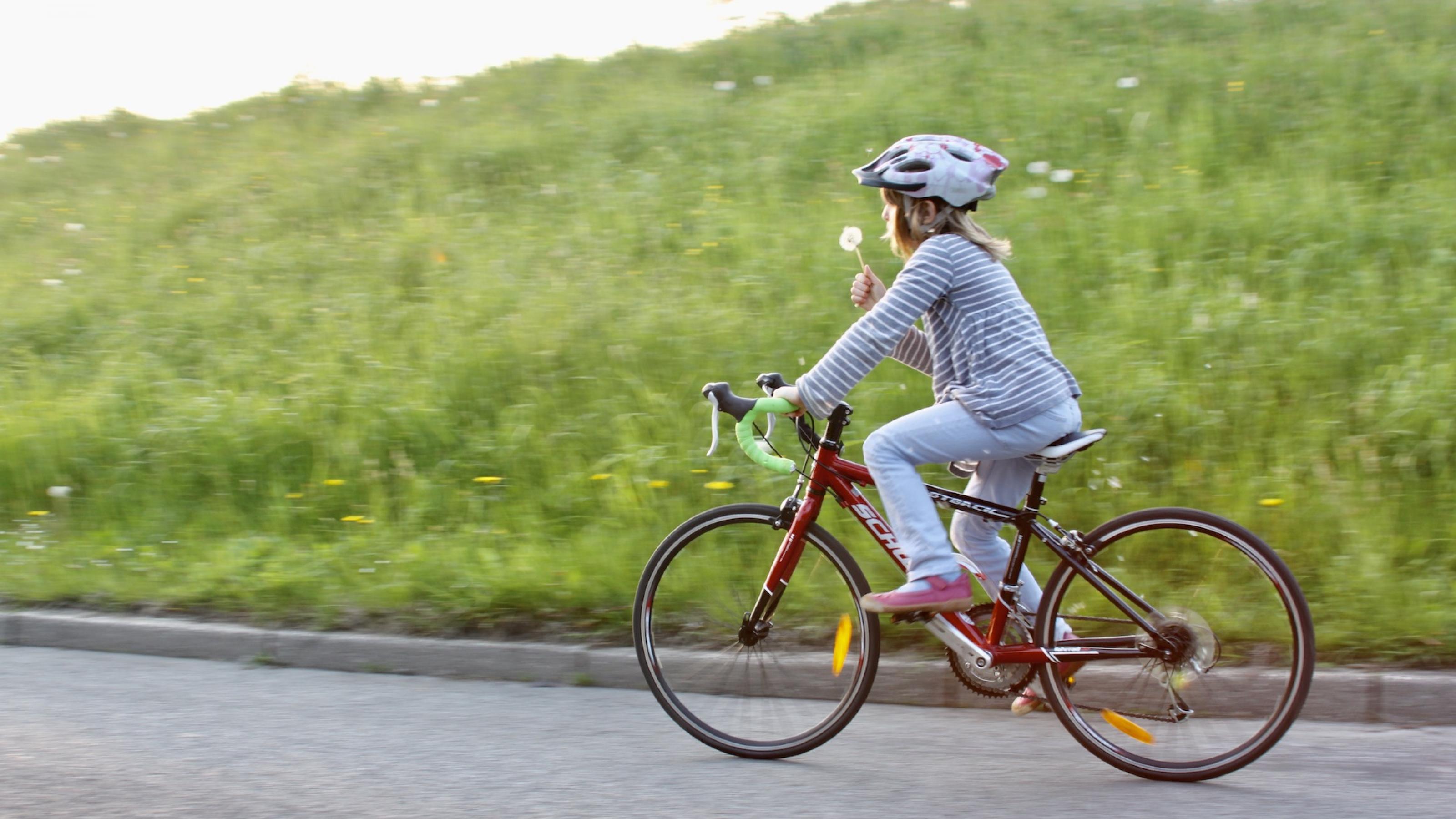 Ein achtjähriges Mädchen fährt auf einem roten Rennrad eine Deichstraße entlang und bläst dabei gegen eine Pusteblume