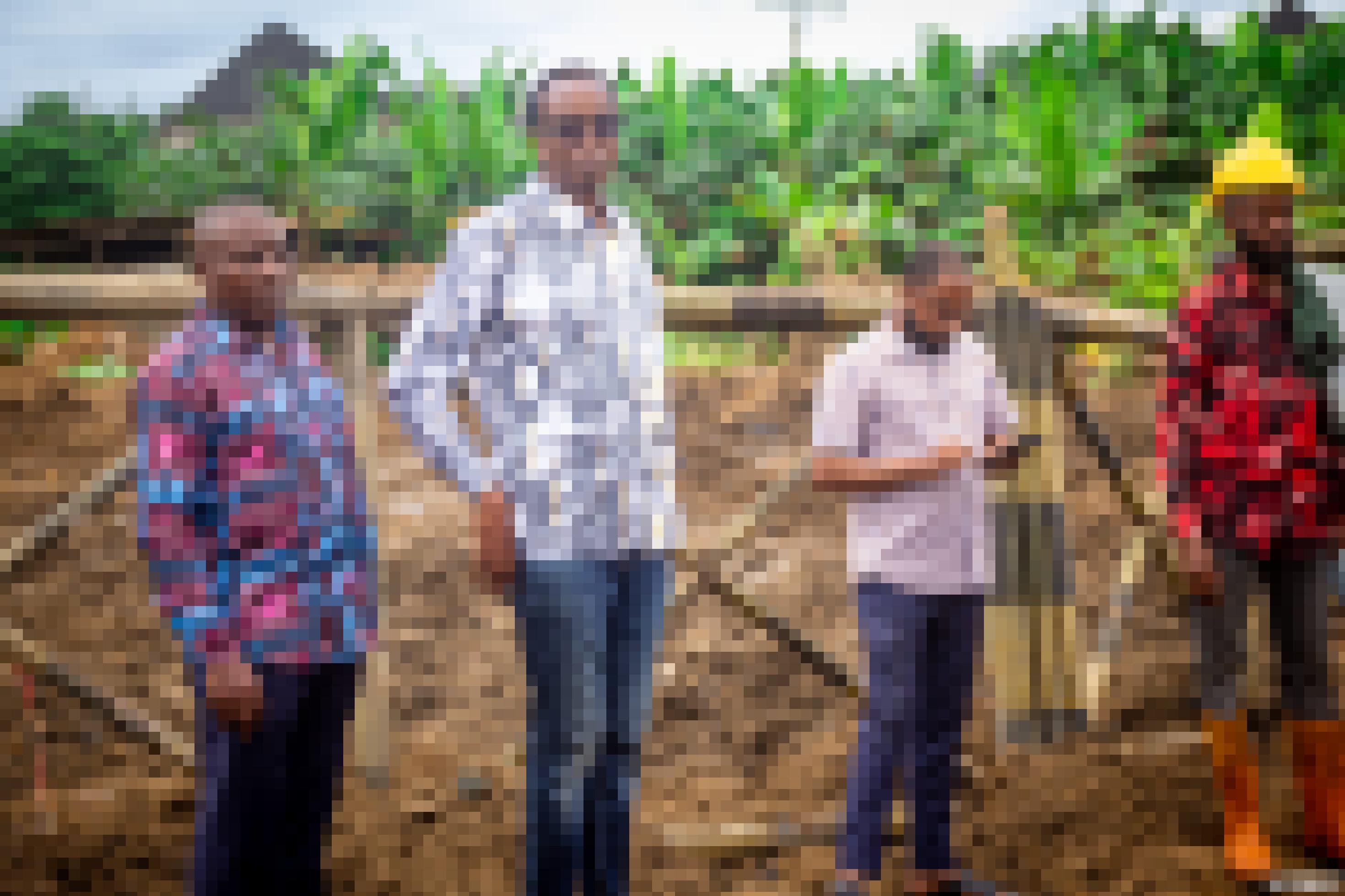 Eine Gruppe Afrikanerïnnen auf lehmiger Erde, dahinter Bananenhaine. Nnimmo Bassey ist der grossgewachsene Mann 2. von links.