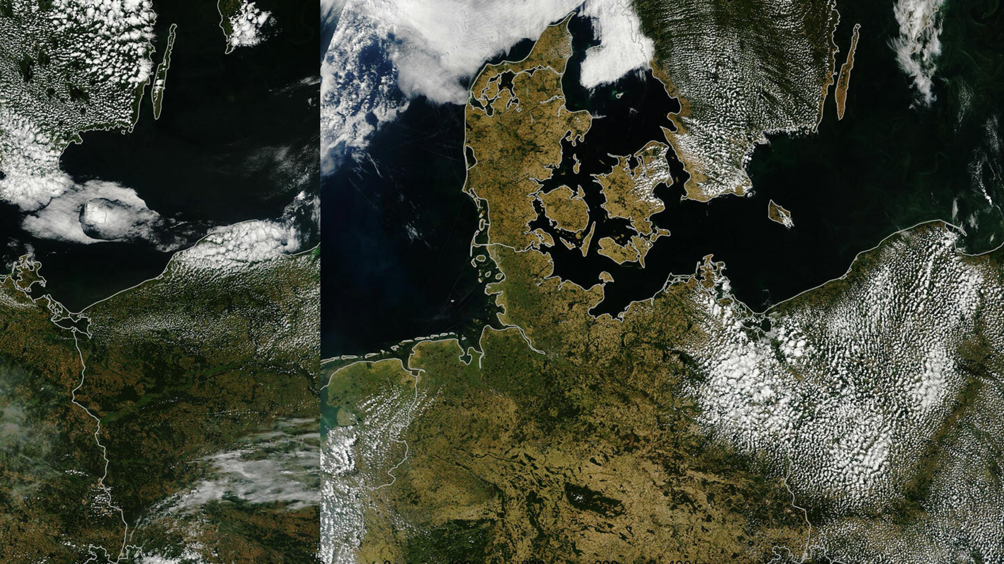 Satellitenaufnahmen von Norddeutschland im Vergleich der Jahre 2017 und 2018, auf denen die Dürre im Jahr 2018 sichtbar wird.