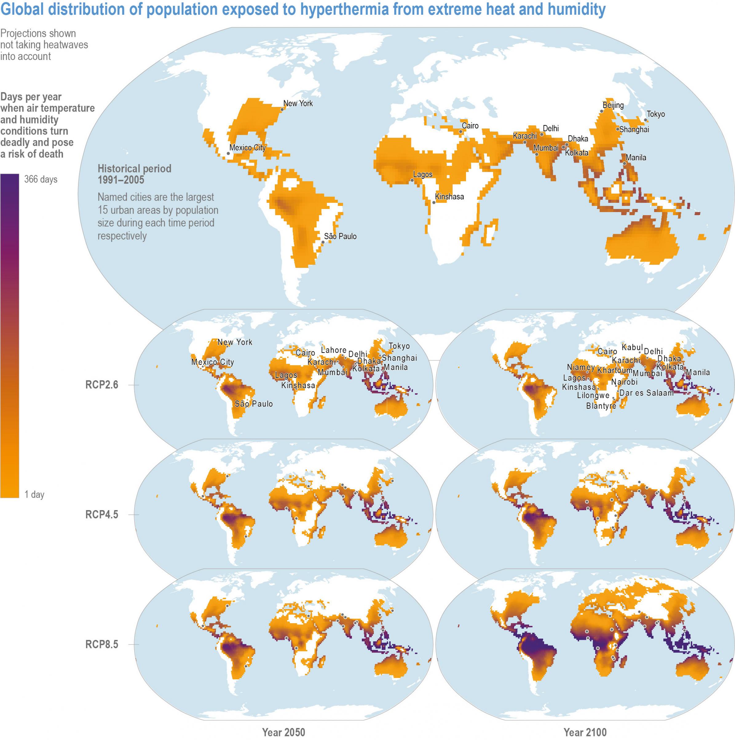 Hitze und Feuchtigkeit können ganze Regionen unbewohnbar machen, zeigt eine Weltkarte des Sachstandberichts der Arbeitsgruppe II des Weltklimarats IPCC.