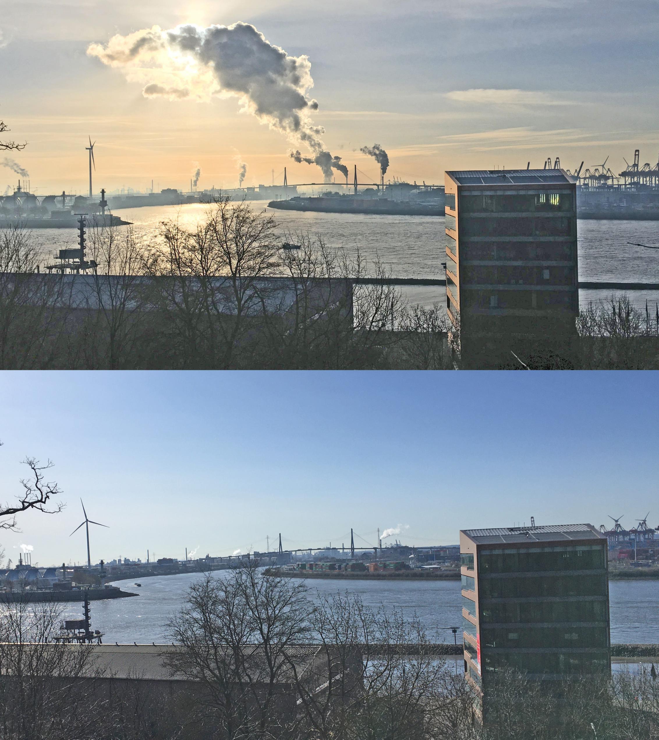 Vom Heine-Park in Hamburg-Altona geht der Blick an einem Bürohaus mit kupferverkleideter Fassade vorbei über die Elbe Richtung Köhlbrand und Köhlbrandbrücke im Hintergrund. Das obere Bild zeigt den Blick von Hamburg-Altona nach Süden im Januar 2019, leichte Schleier liegen über dem Blau, eine große Dampfwolke aus einen Schornstein schirmt die Sonne ab. Das untere stammt aus dem März 2020, der Himmel ist klar und blau und die Dampfwolke fehlt. Sie kommt vom Kohlekraftwerk Moorburg, das im März 2020 mangels Nachfrage einige Tage abgeschaltet war.
