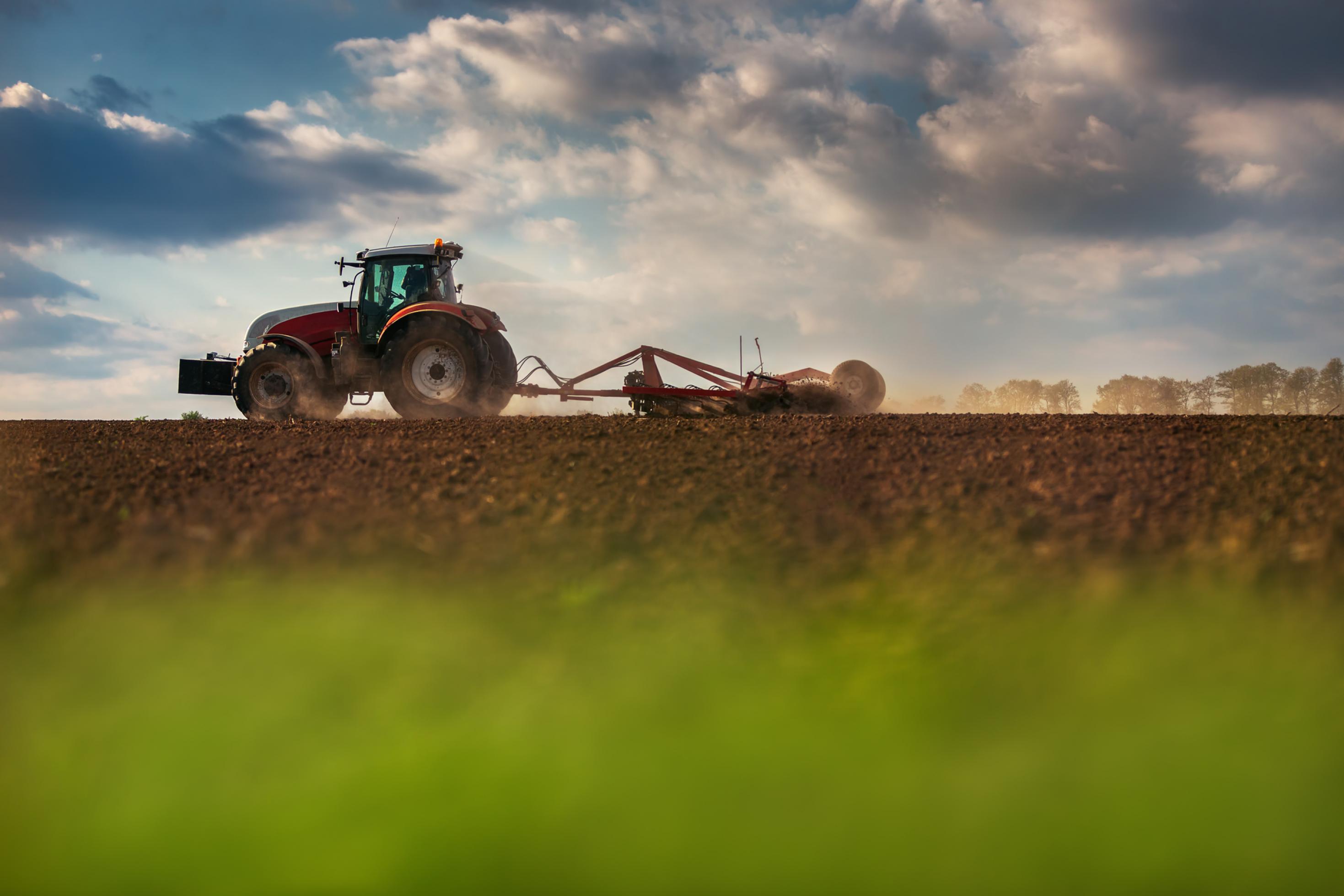 Ein Landwirt bestellt mit seinem Traktor einen Acker.