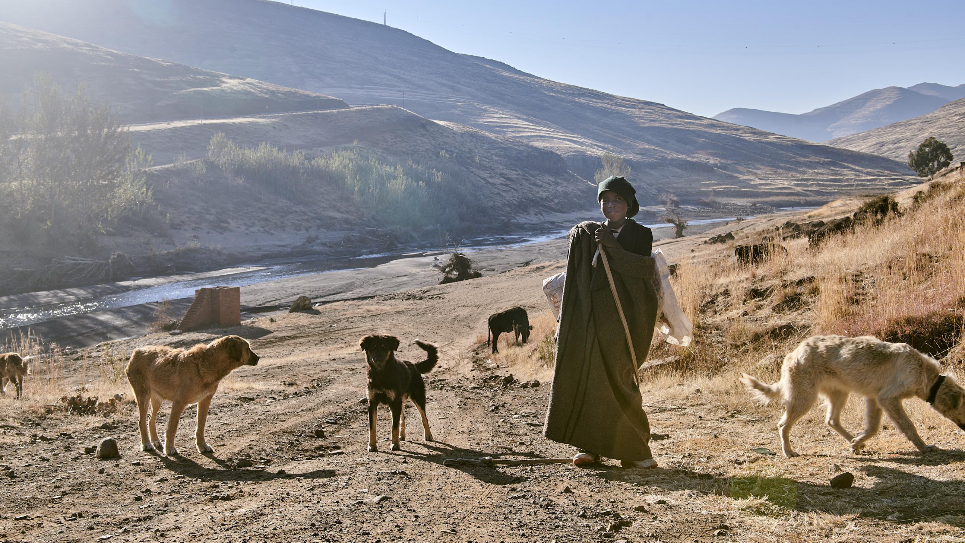 Der Hirtenjunge ist in eine Wolldecke gehüllt, umringt von seinen Hunden steht er am Flussufer des Senqu
