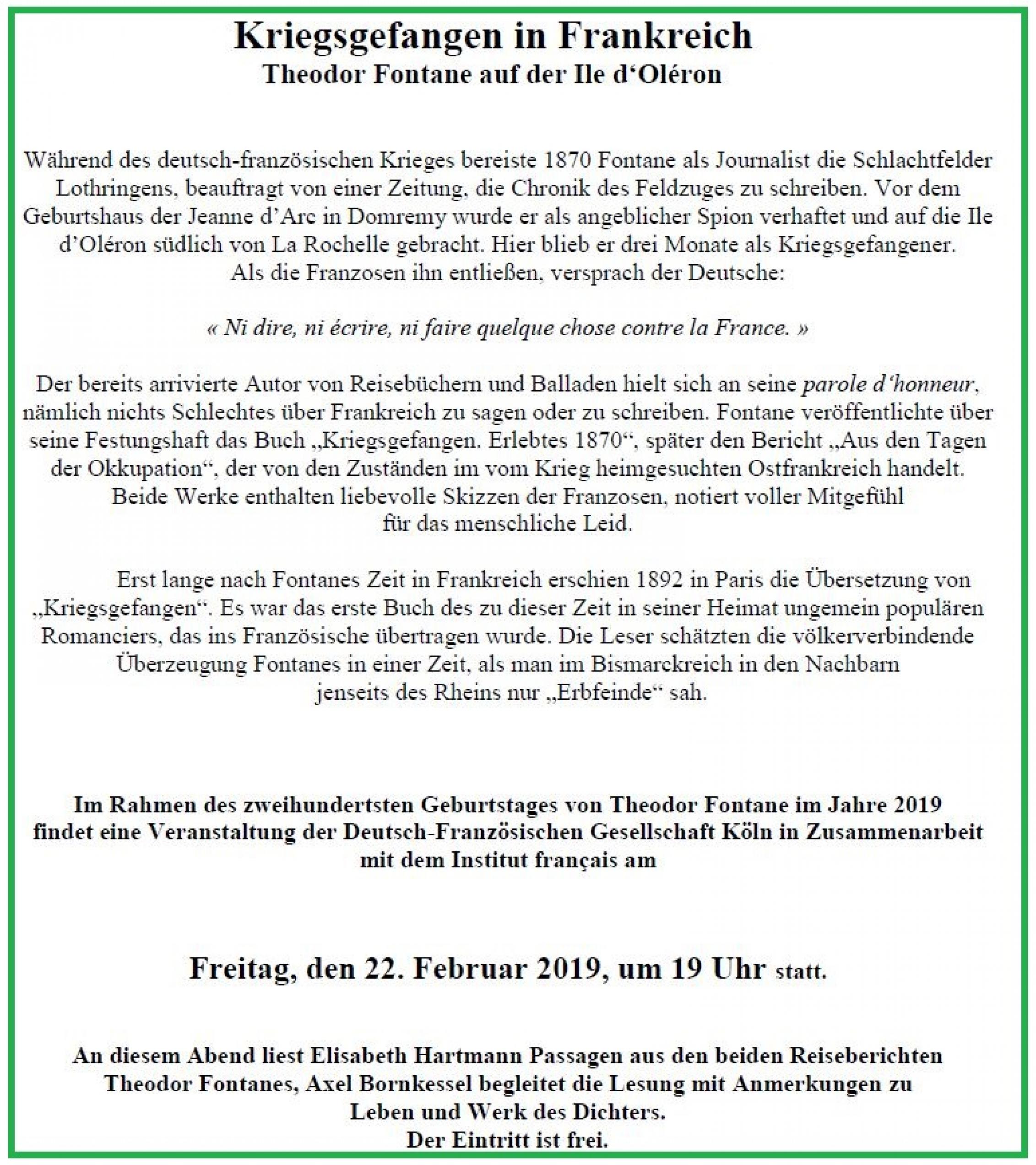 Einladung der Deutsch-Französischen Gesellschaft Köln zur Lesung am 22.2.2019, Thema ist die Kriegsgefangenschaft Fontanes auf der Atlantikinsel Oléron.