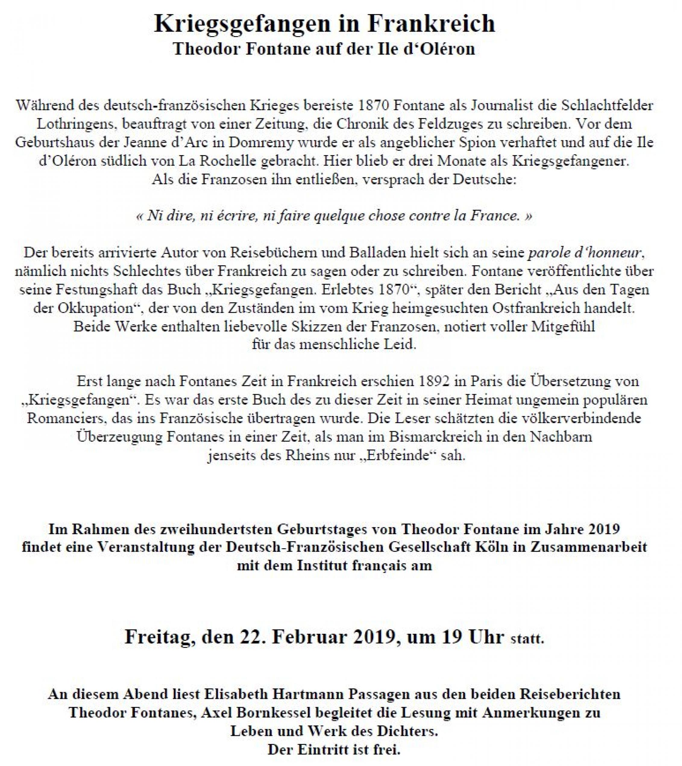 Einladung der Deutsch-Französischen Gesellschaft Köln zur Lesung am 22.2.2019, Thema ist die Kriegsgefangenschaft Fontanes auf der Atlantikinsel Oléron.