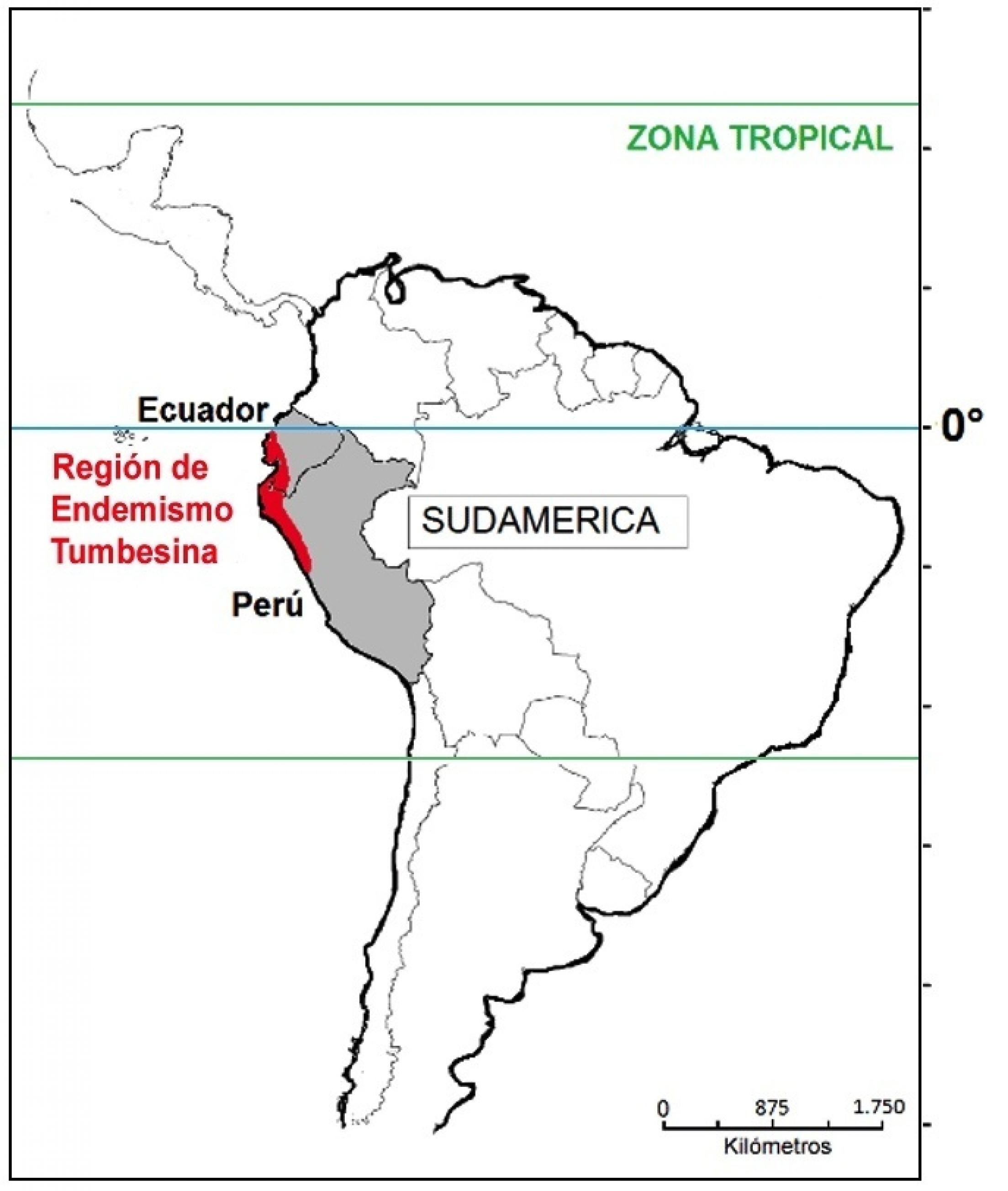 Karte von Südamerika mit eingezeichneter Tumbes-Region. Sie verläuft entlang der Pazifikküsten von Ecuador und Peru.
