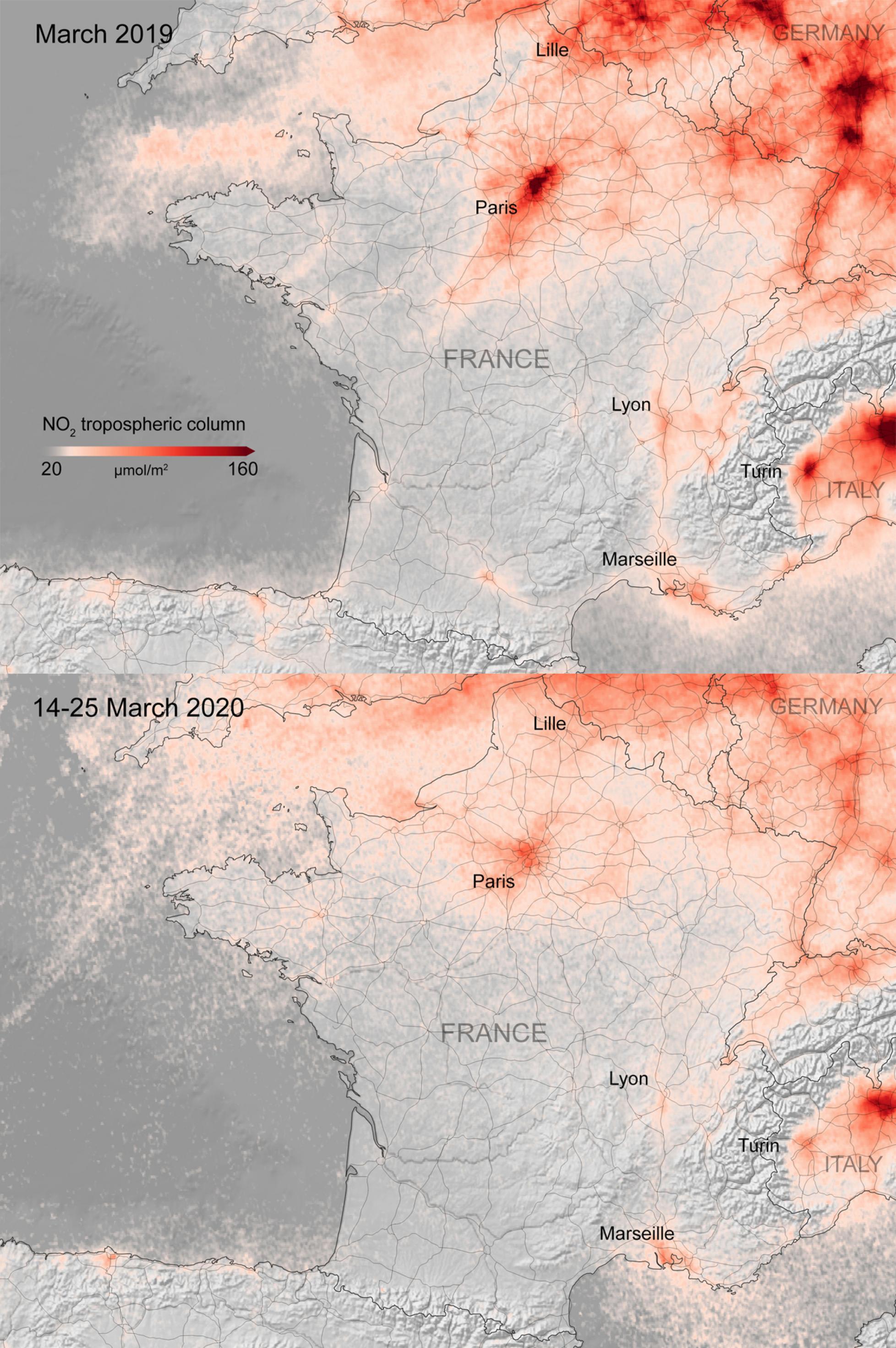 Eine Karte von Frankreich, oben für März 2019, unten für März 2020. In Rot sind Messwerte für den Luftschadstoff NO2 eingezeichnet – je intensiver die Farbe, desto höher die Belastung. Es ist deutlich zu erkennen, dass Nordfrankreich und Paris, aber auch Frankfurt und Ludwigshafen, die rechts oben im Kartenausschnitt liegen, dieses Jahr wegen des Lockdowns viel weniger Schadstoffe in der Luft haben als im vorigen.