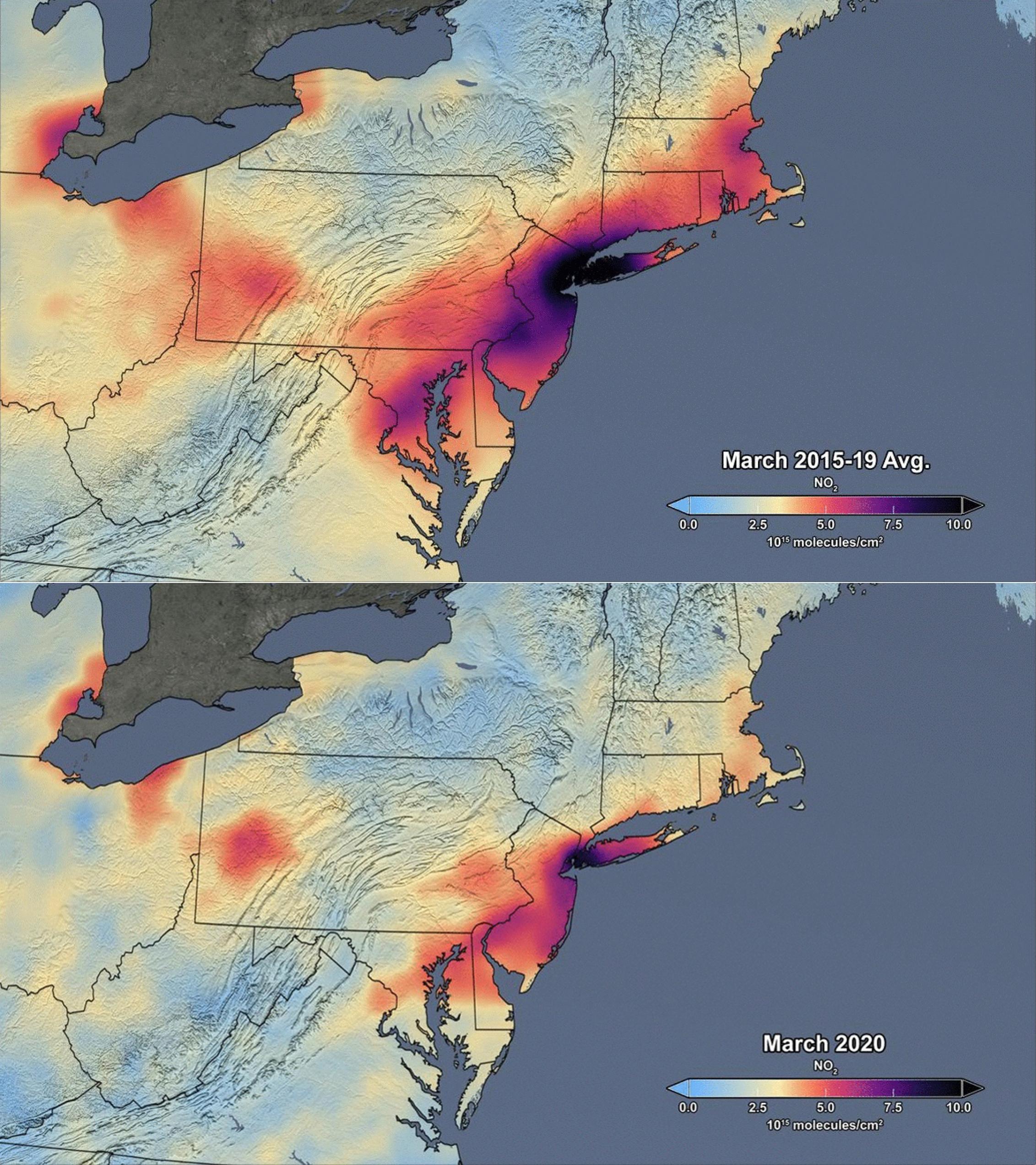 Eine Karte vom Osten der USA, oben für März 2019, unten für März 2020. In Rot und Braun sind Messwerte für den Luftschadstoff NO2 eingezeichnet – je intensiver die Farbe, desto höher die Belastung. Es ist deutlich zu erkennen, dass zum Beispiel in der Region New York, dieses Jahr wegen des Lockdowns viel weniger Schadstoffe in der Luft haben als im vorigen.