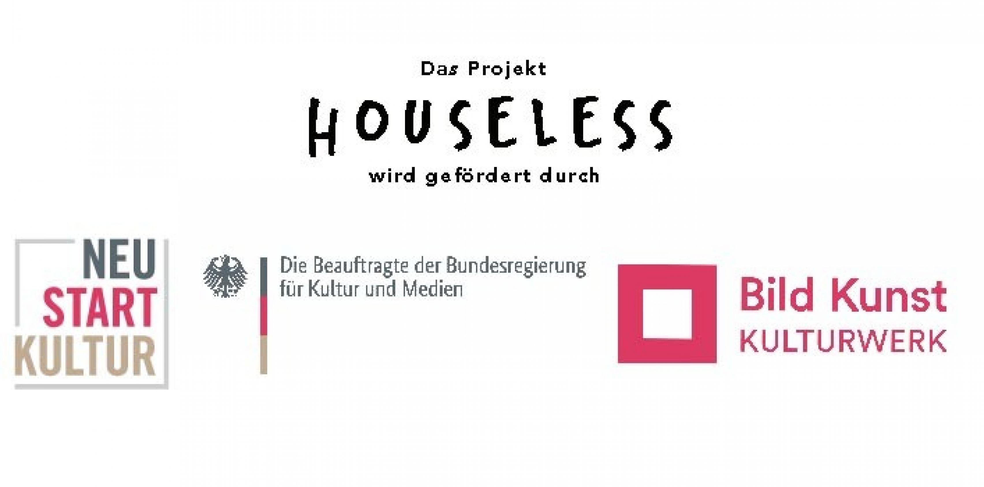 Logo von Neustart Kultur, Beauftragte der Bundesregierung für Kultur und Medien und Bildkunst Kulturwerk. Förderer des Projektes Houseless von Björn Göttlicher