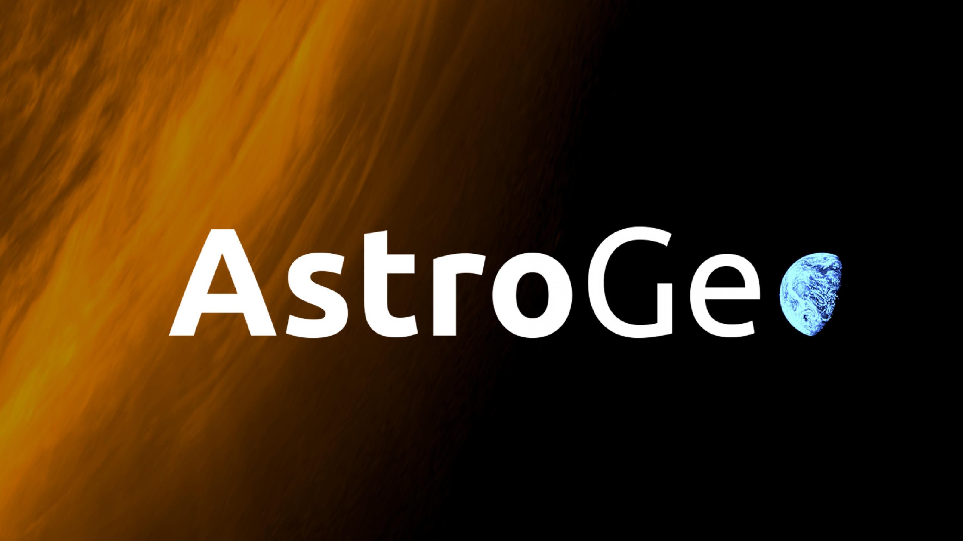 Logo des AstroGeo Podcast: angerissene Sonne, das „o“ von AstroGeo die Erde im Halbschatten.