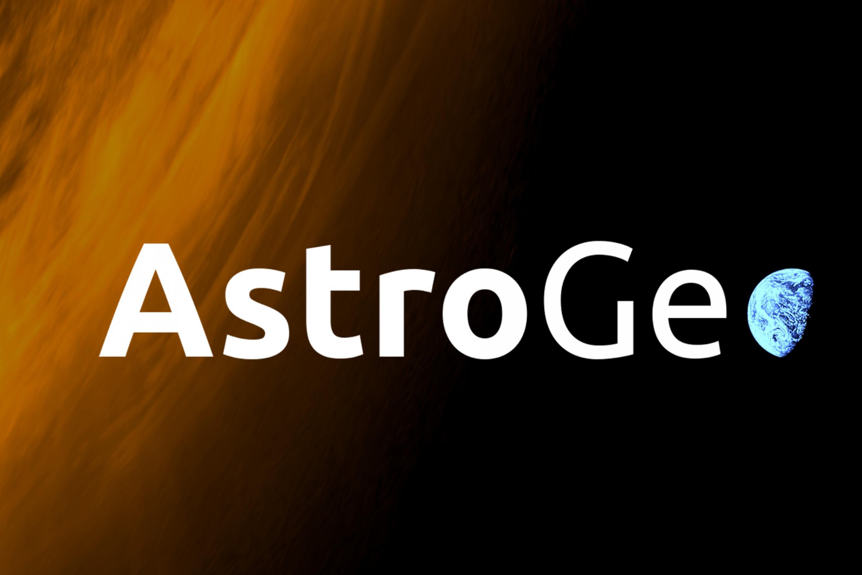 Logo des AstroGeo Podcast: angerissene Sonne, das „o“ von AstroGeo die Erde im Halbschatten.