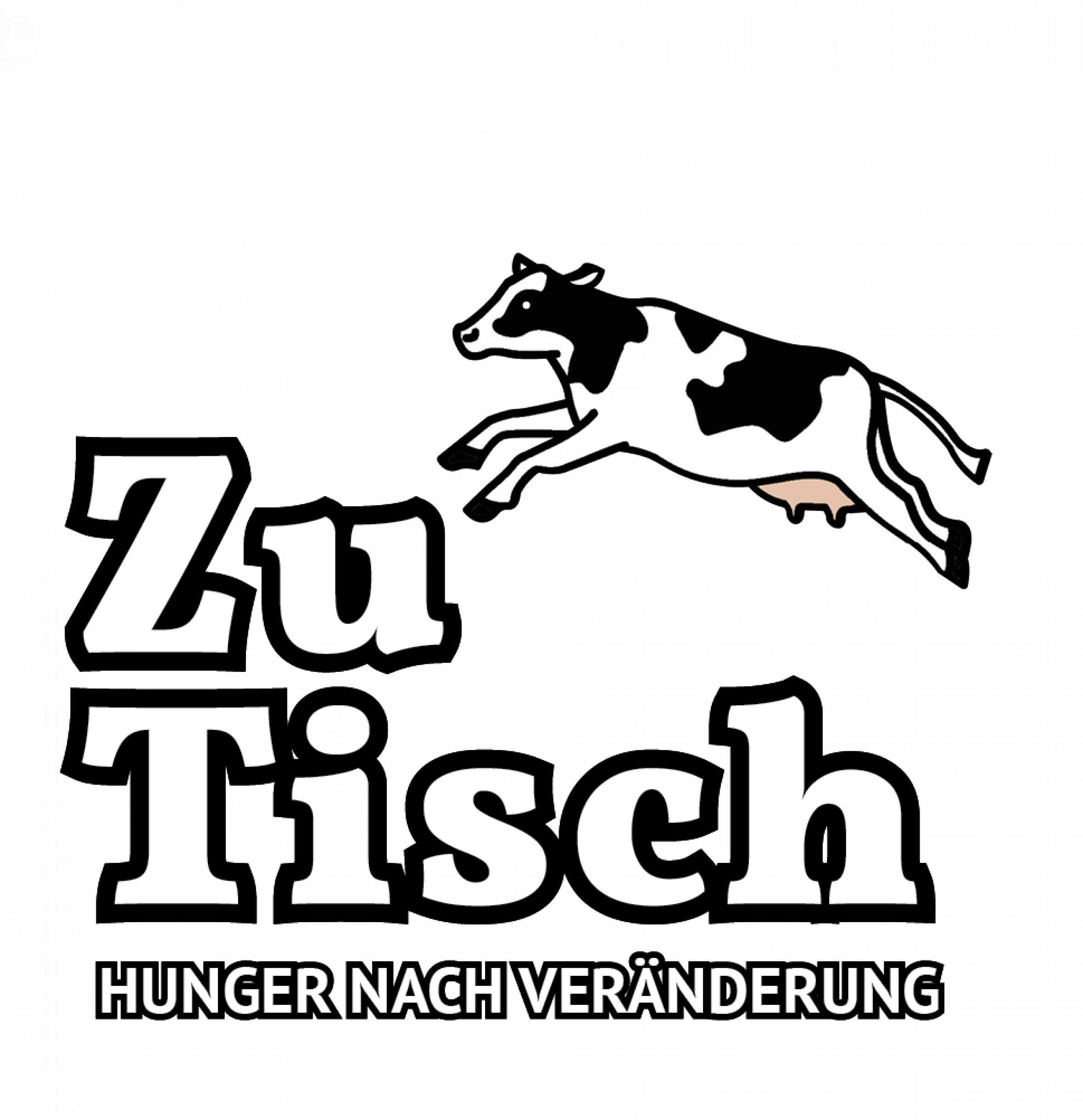 eine schwarz-weiße Kuh, die von rechts nach links springt