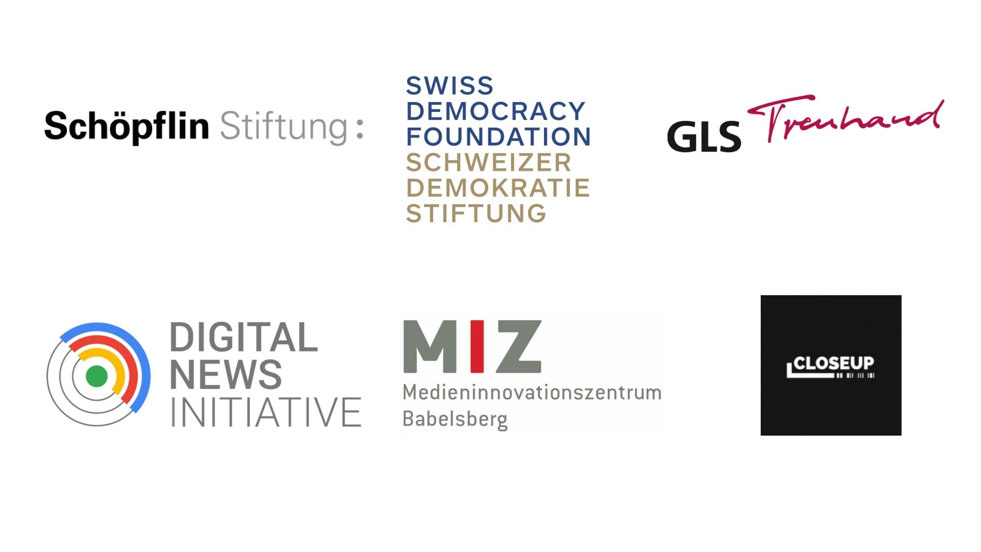 Logos der Schöpflin Stiftung, Schweizer Demokratie Stiftung, GLS Treuhand, Google Digital News Initiative, MIZ Babelsberg und Nordmedia.