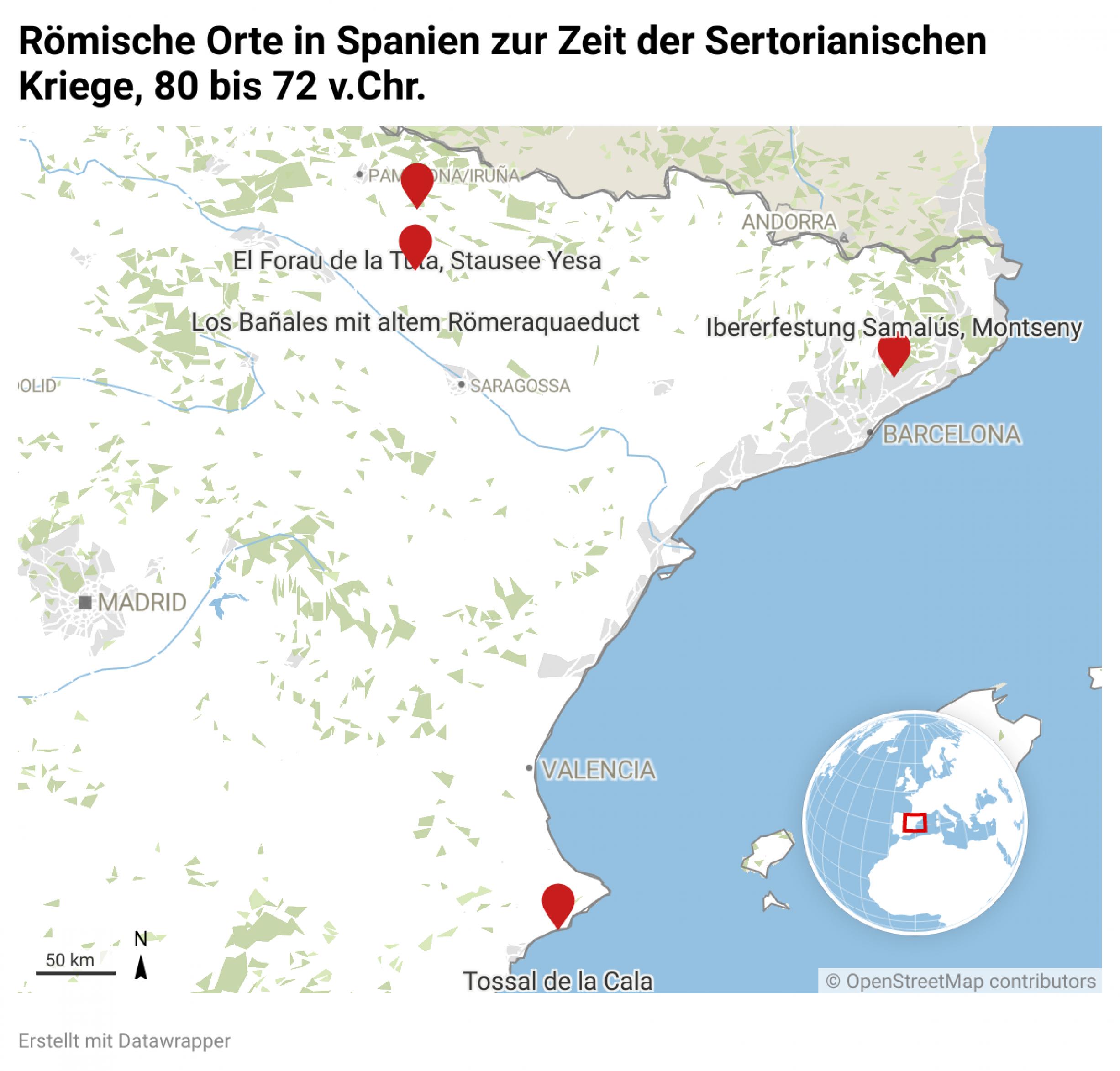 Karte über Ausgrabungen und Fundstätten in Spanien aus der Zeit der Römer und Iberer