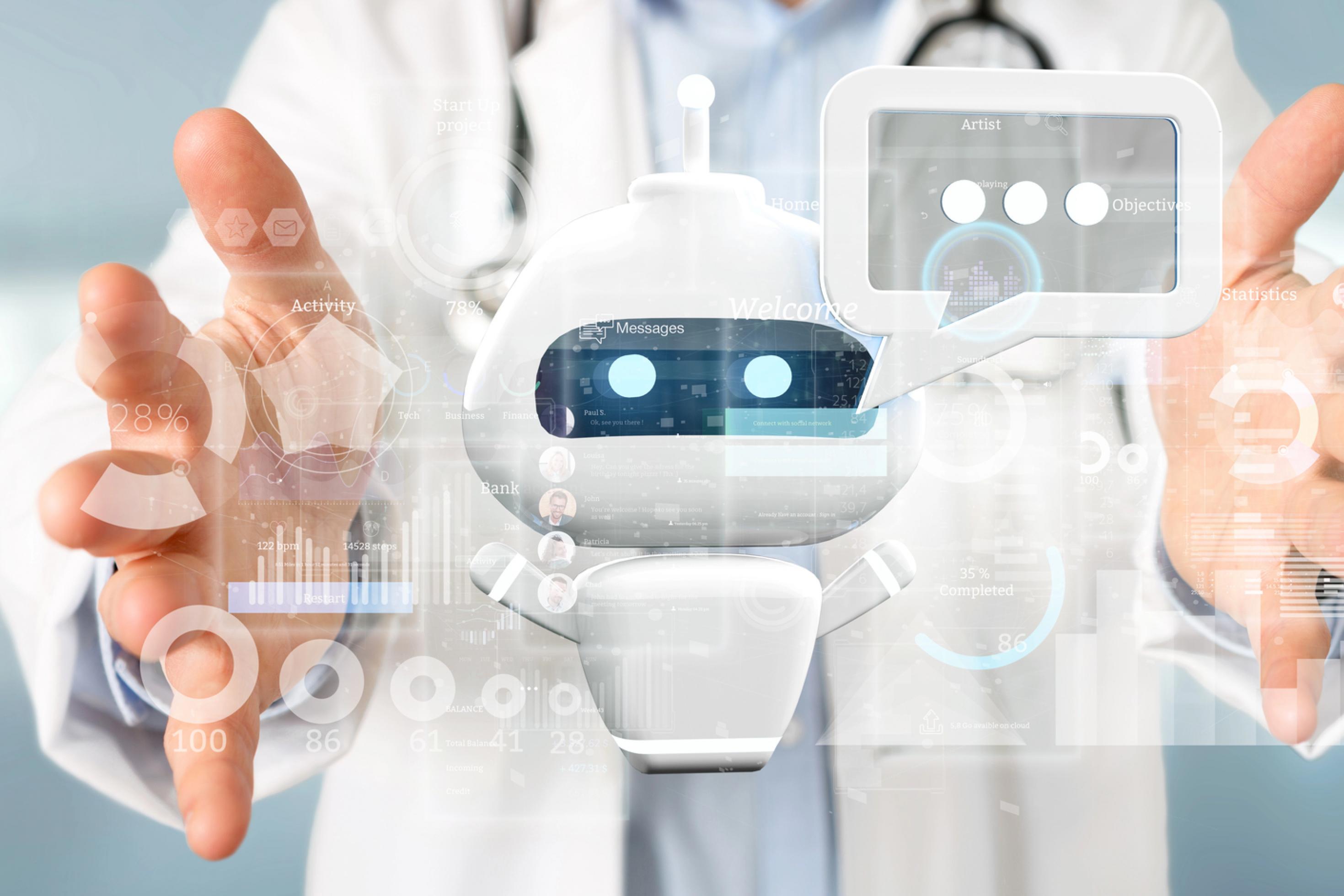 Die Hände eines Arztes umfassen einen stilisierten Roboter: Symbolbild dafür, dass Menschen oft KI-Chatbots für die medizinische Erstberatung bei Symptomen wählen.