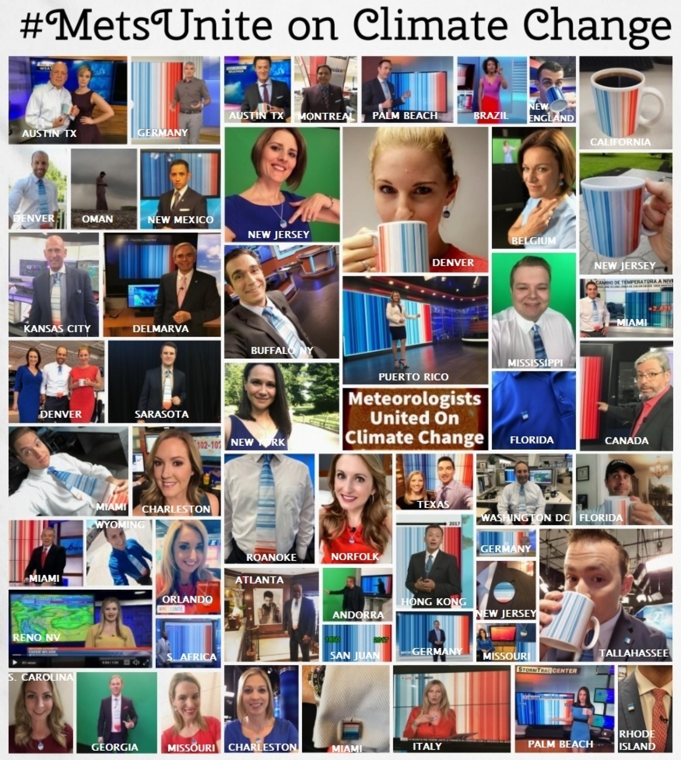 Eine Collage von gut 50 Fernseh-Wettermoderatoren unter dem Titel „#MetsUnite on Climate Change“ Sie alle halten die Grafik „Warming Stripes“ in die Kamera, unter anderem auf Krawatten, Kaffeebechern, Ohrringen oder Anhängern. Eingeblendet ist stets der Name der Stadt oder der US-Bundesstaates oder der Nation, wo die Meteorologen arbeiten.