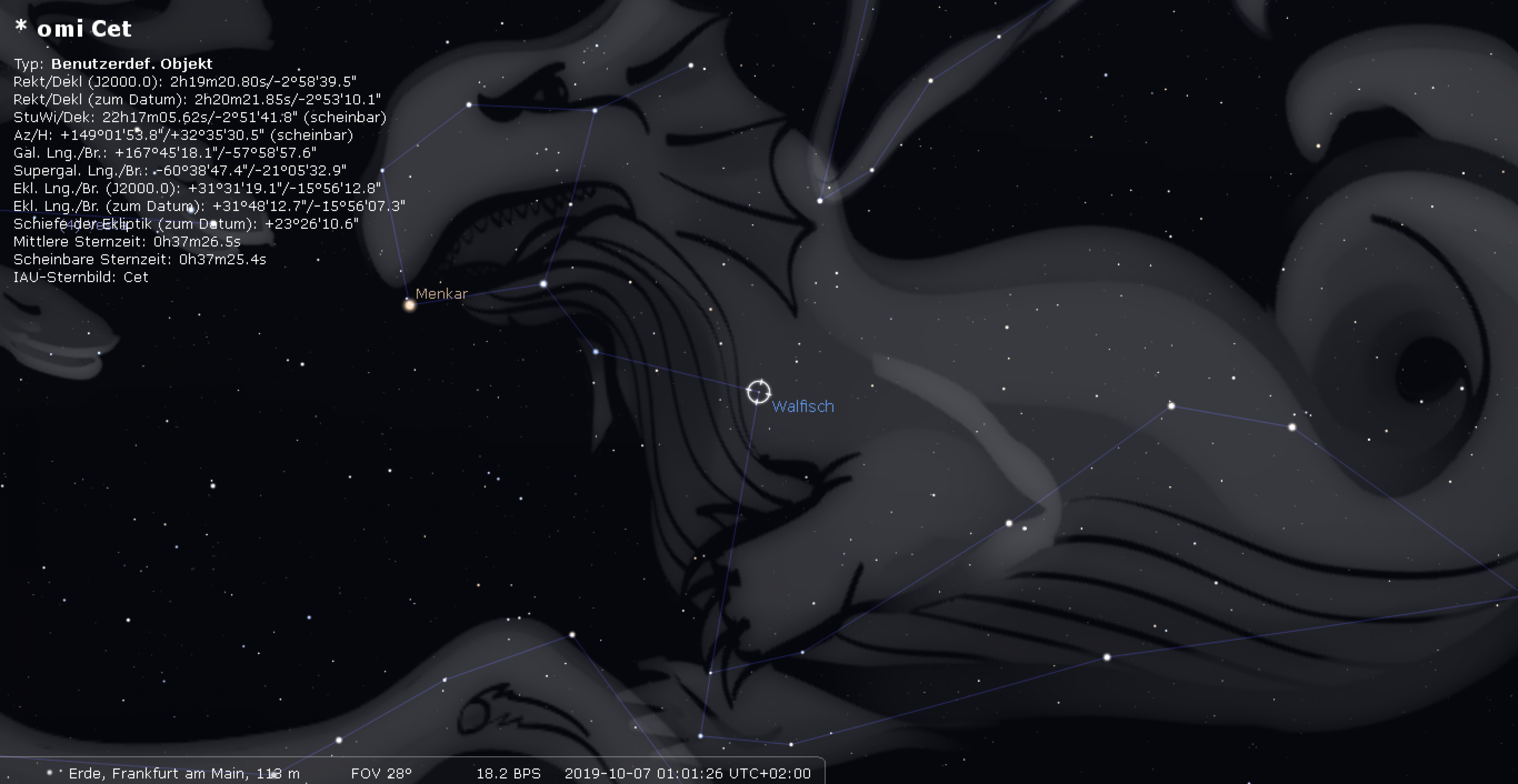 Mira im Sternbild Walfisch Anfang Oktober 2019, Zoom; erstellt mit Stellarium.