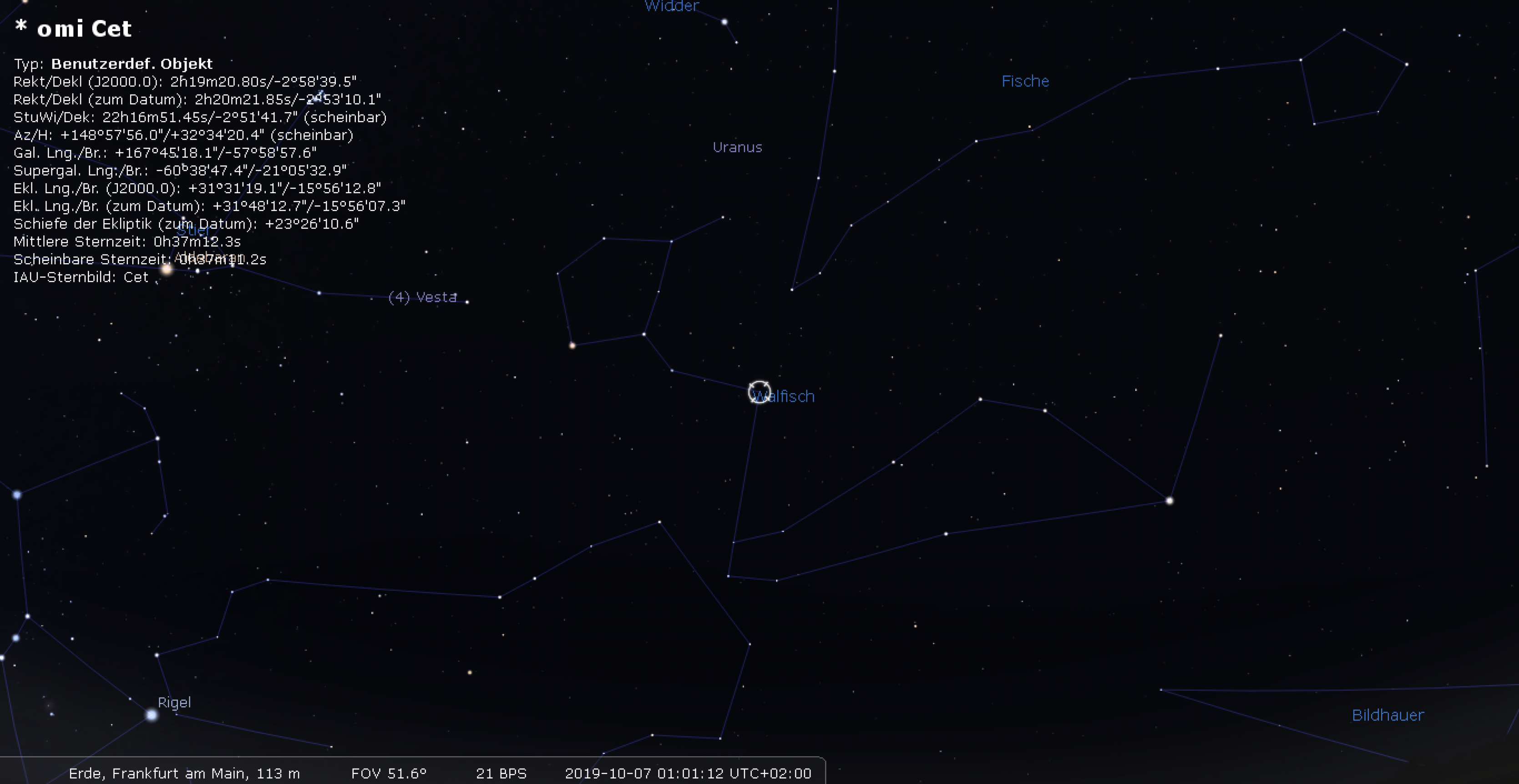 Aufsuchkarte für Mira im Walfisch Anfang Oktober, erstellt mti Stellarium.