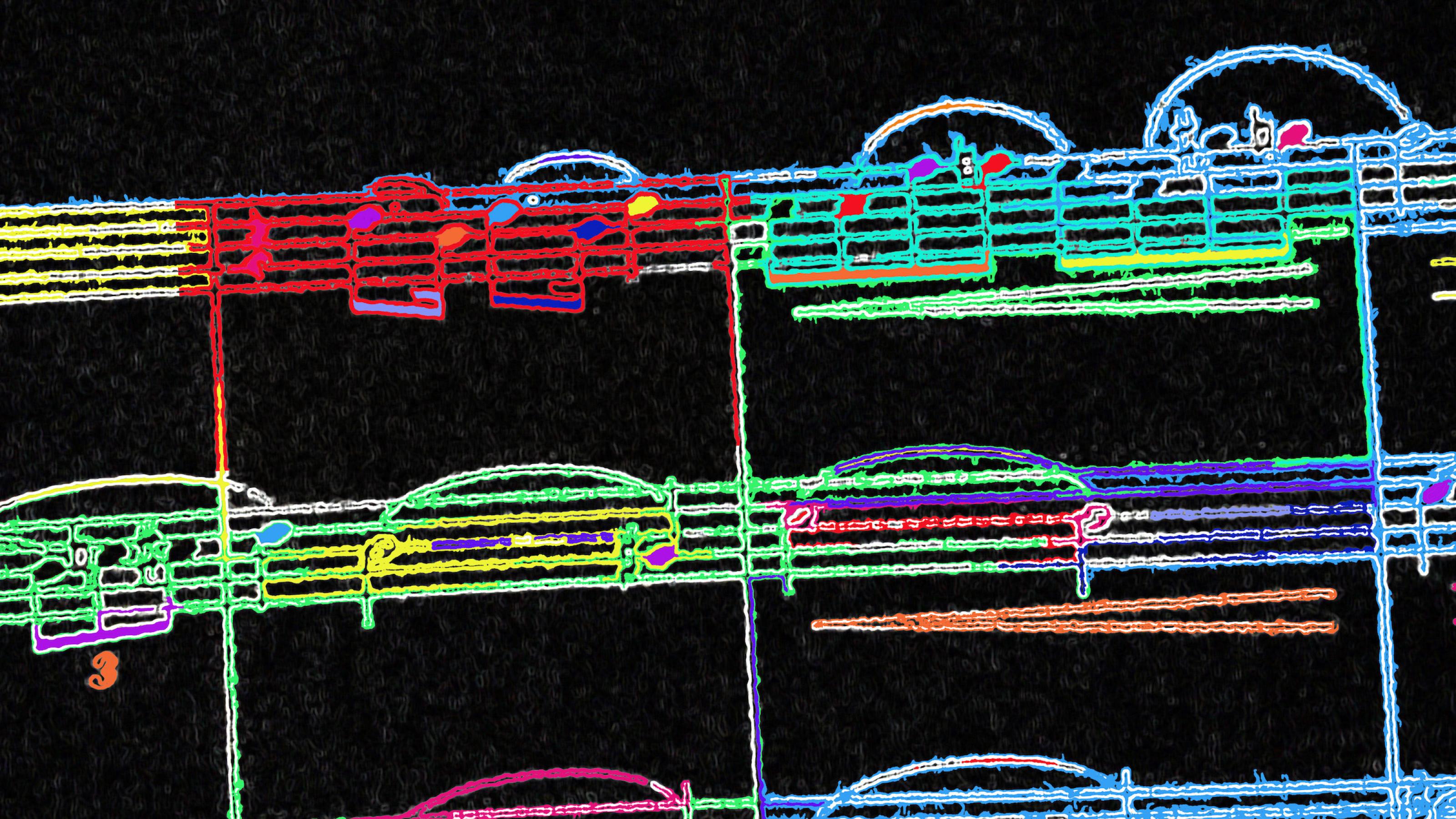 Stark verfremdete Aufnahme einiger Notenzeilen. Auf schwarzem Hintergrund sind die Noten und Linien in regenbogen-Farben eingefärbt. Text dazu: Gibt es eigentlich Musik, die die Klimakrise thematisiert. Songs, die Gemeinschaft auf der Demo schaffen und Identität beim Klimaschutz? Teil 2: englisch-sprachige Songs