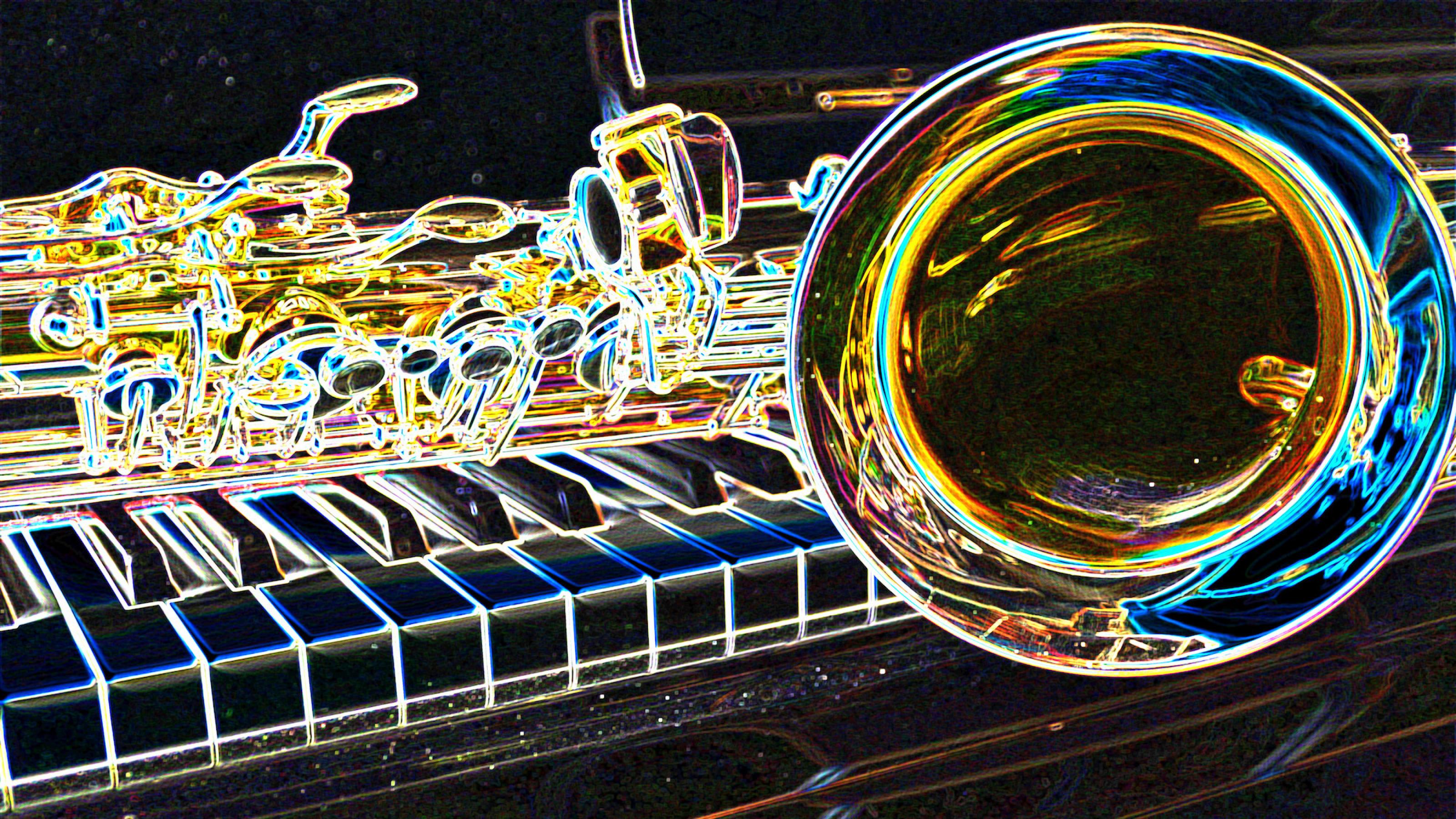 Stark verfremdete Aufnahme eines Saxophons, das auf der Tastatur eines Klaviers liegt. Ein Filter hat die Konturen auf dem Bild wie mit vielfarbigem Neonlicht verstärkt. Text dazu: Gibt es eigentlich Musik, die die Klimakrise thematisiert. Songs, die Gemeinschaft auf der Demo schaffen und Identität beim Klimaschutz?
