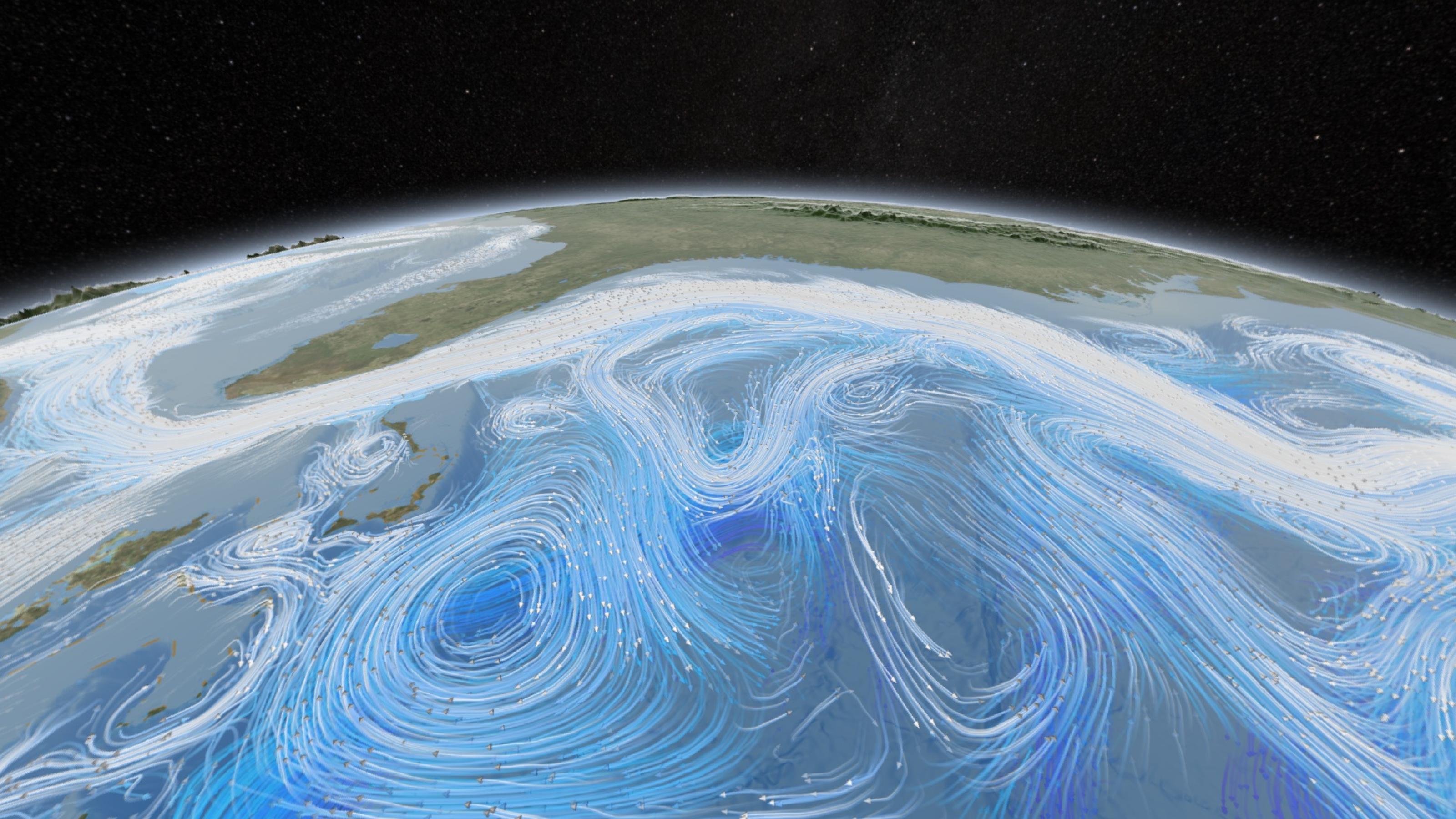 Winde drücken sich auf den Ozean, um Oberflächenströmungen zu erzeugen, wie ein von der NASA vor der Küste Floridas erzeugtes Bild zeigt.