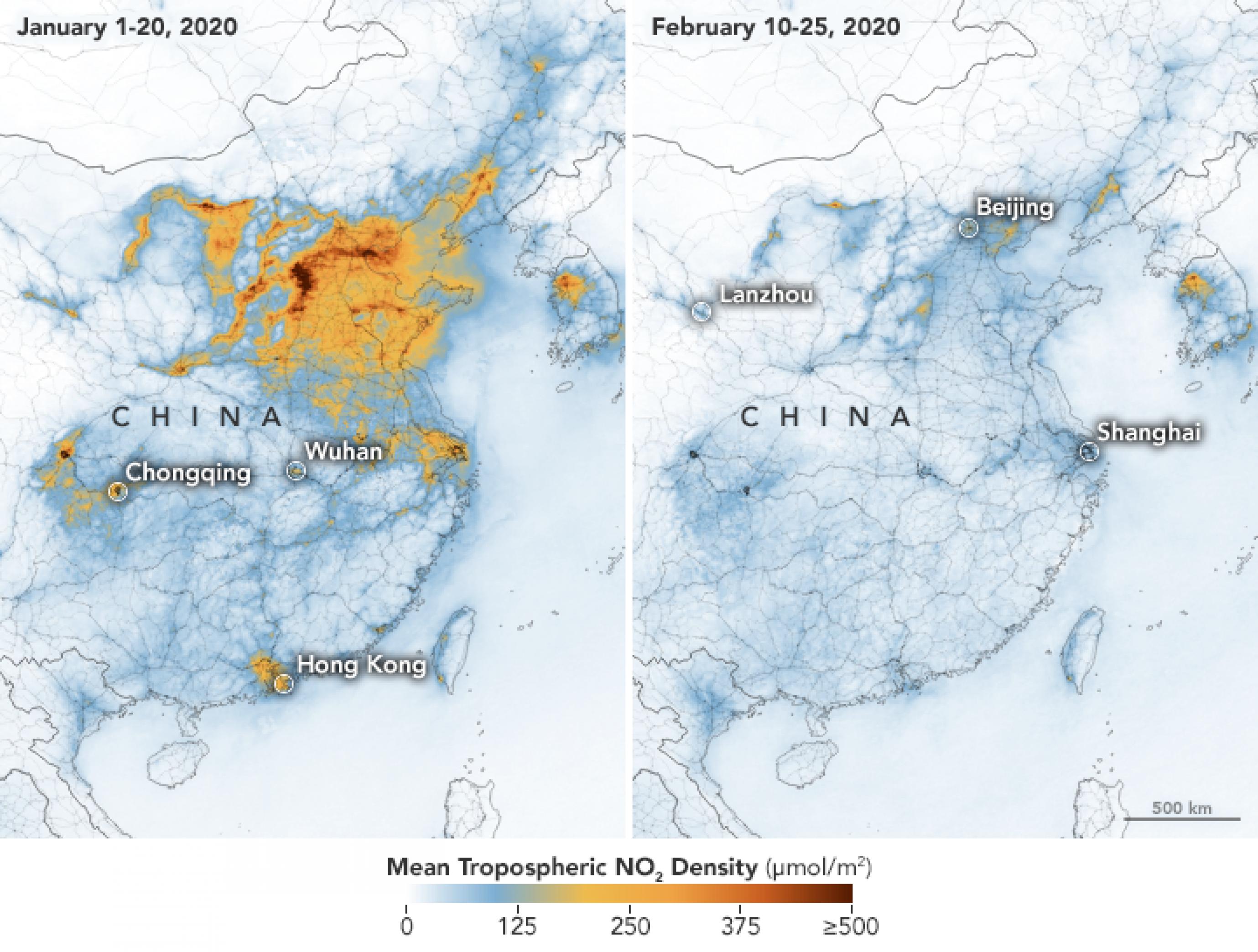 Folgen des Coronavirus, sichtbar aus dem All: Der Sentinel-Satellit hat in den ersten drei Wochen im Januar (links) und zwei Wochen Mitte Februar 2020 (rechts) die Konzentration von Stickstoff-Dioxid in der Luft über China gemessen. Der Luftschadstoff stammt aus Verkehrs- und bei Industrieabgasen. Über den Region Beijing im Norden, Shanghai im Osten, Hongkong im Süden sowie über Wuhan und Chongqing sind die gelb-orange-braunen Flecken verschwunden.