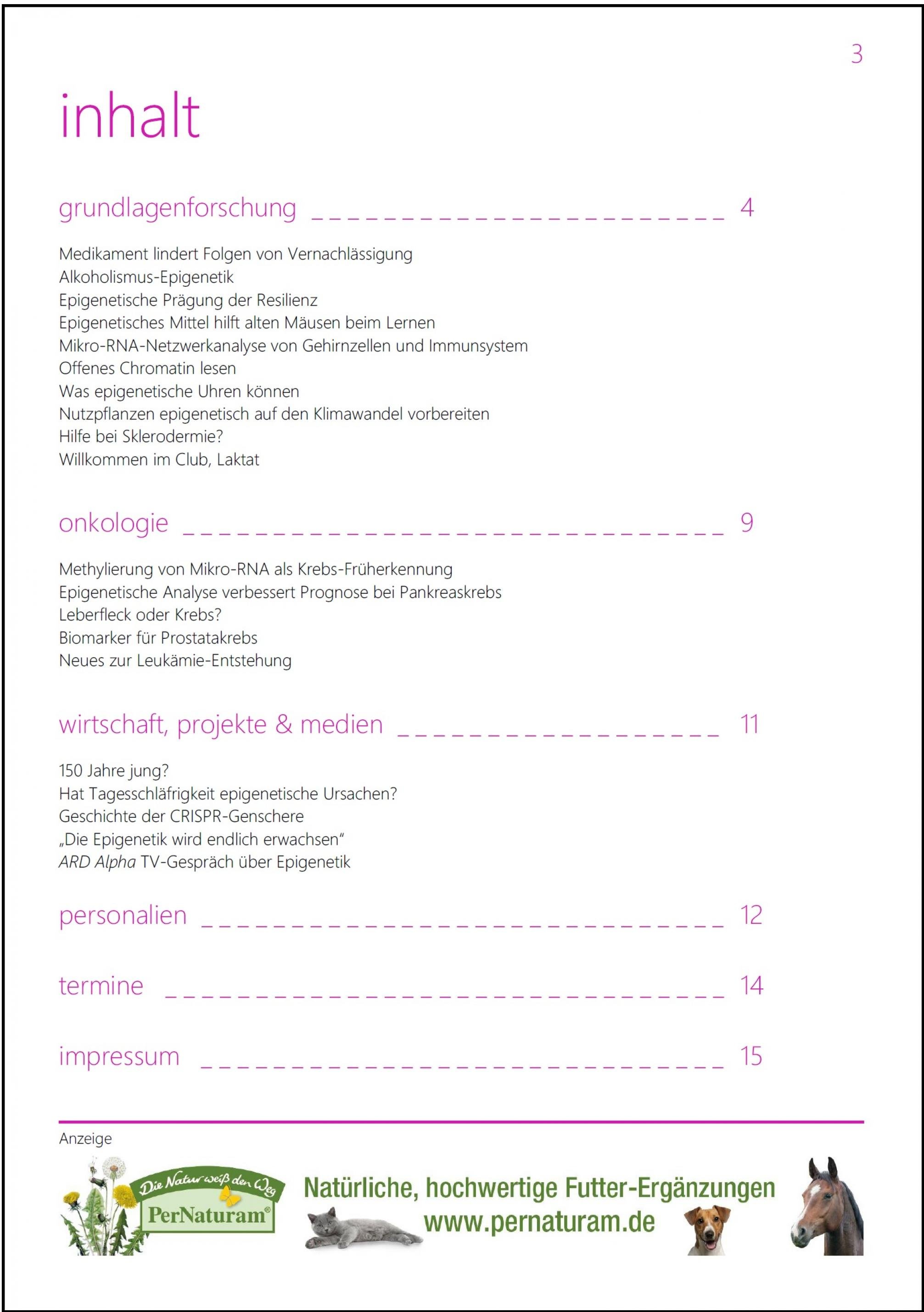 Seite 3, des „Newsletter Epigenetik 32“: Inhalt: Grundlagenforschung / Onkologie / Wirtschaft, Projekte & Medien ( Personalien / Termine / Impressum