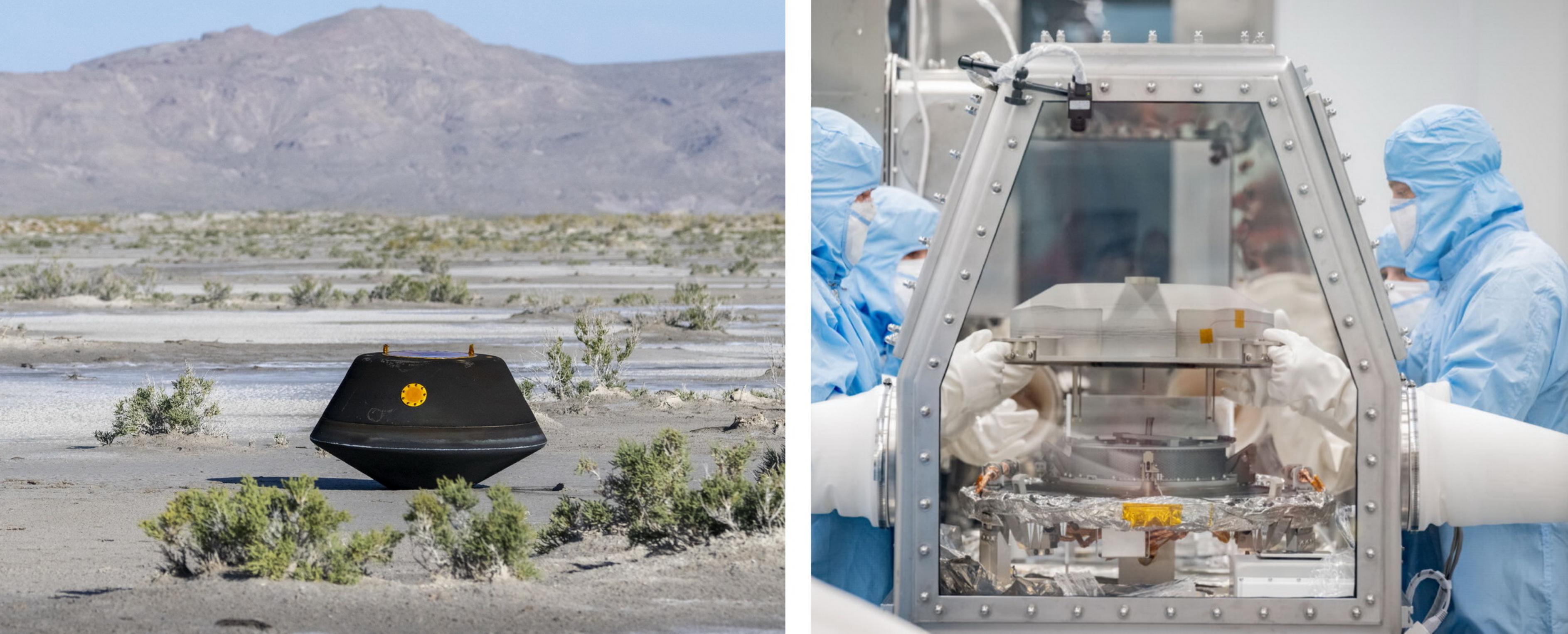 Częściowe zdjęcie po lewej stronie przedstawia kapsułę powrotną, czarną w wyniku ponownego wejścia w atmosferę ziemską, w miejscu lądowania na pustyni w Utah.  W prawej części zdjęcia naukowcy ubrani w odzież ochronną ostrożnie otwierają kapsułę zwrotną znajdującą się w szklanym schowku.