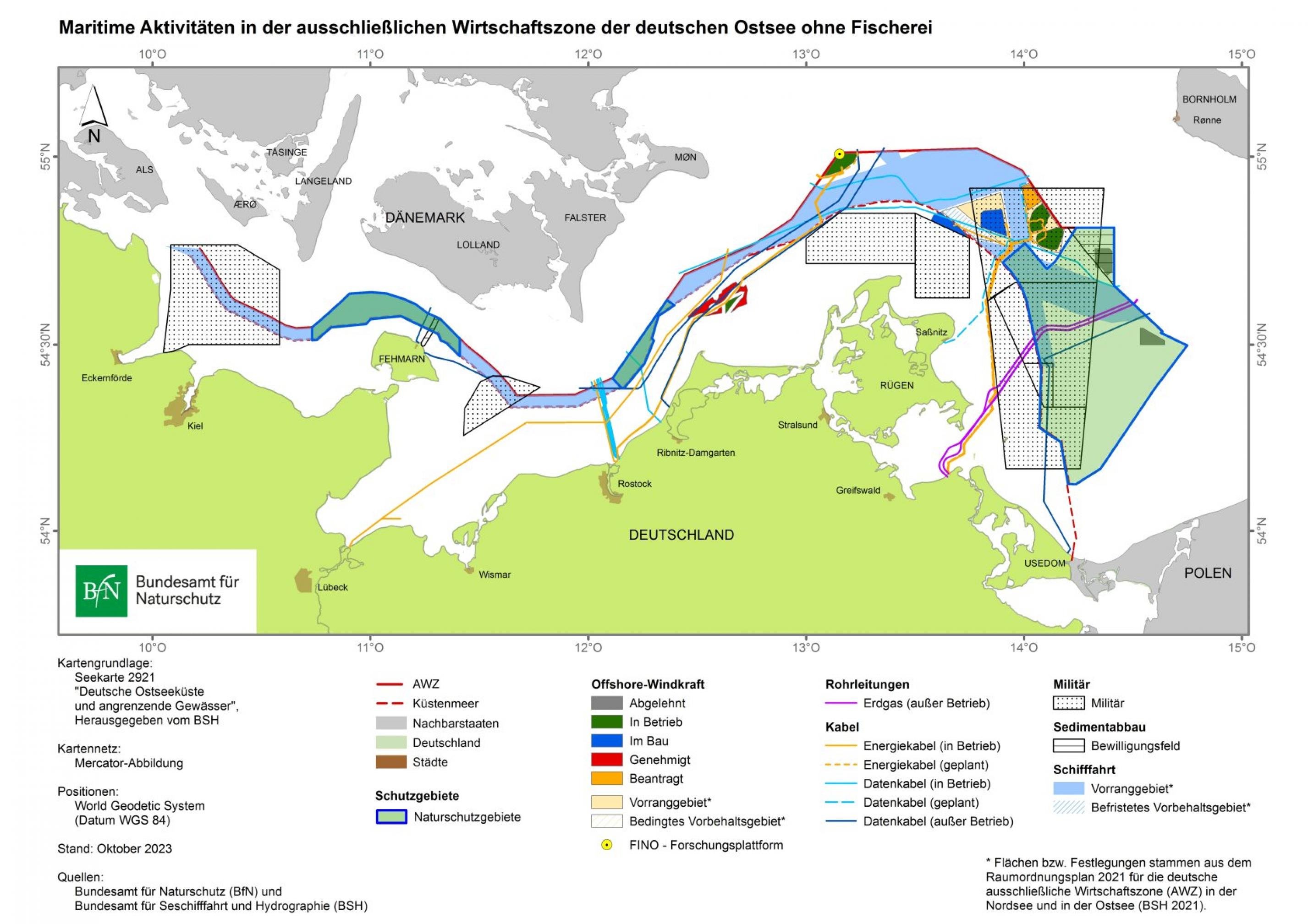 Die Grafik zeigt, wie die deutsche Wirtschaftszone in der Ostsee verwendet wird: Schiffhart, Energie, Rohstoffe, Naturschutz