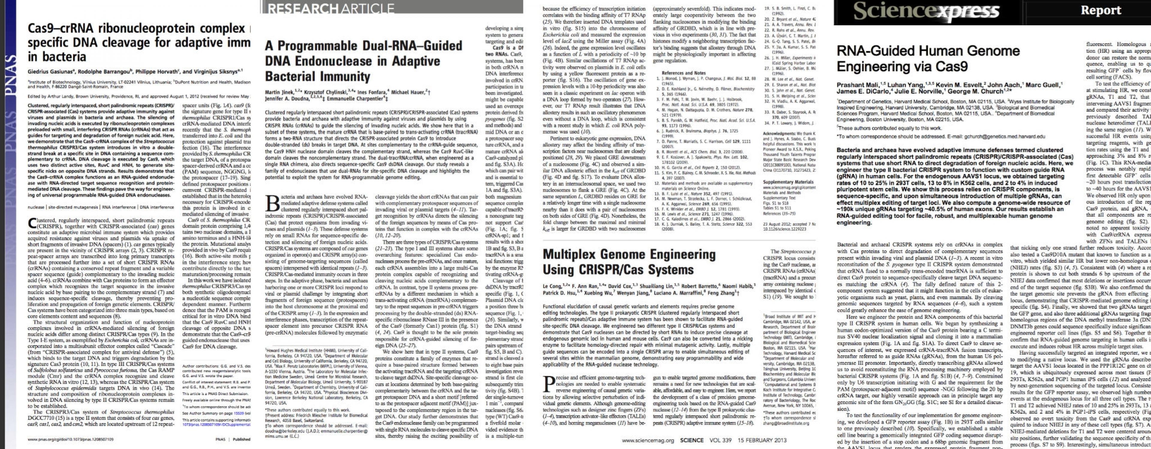 Die ersten Seiten der vier wichtigen Fachartikel mit den Berichten über CRISPR/Cas9 als Genschere.