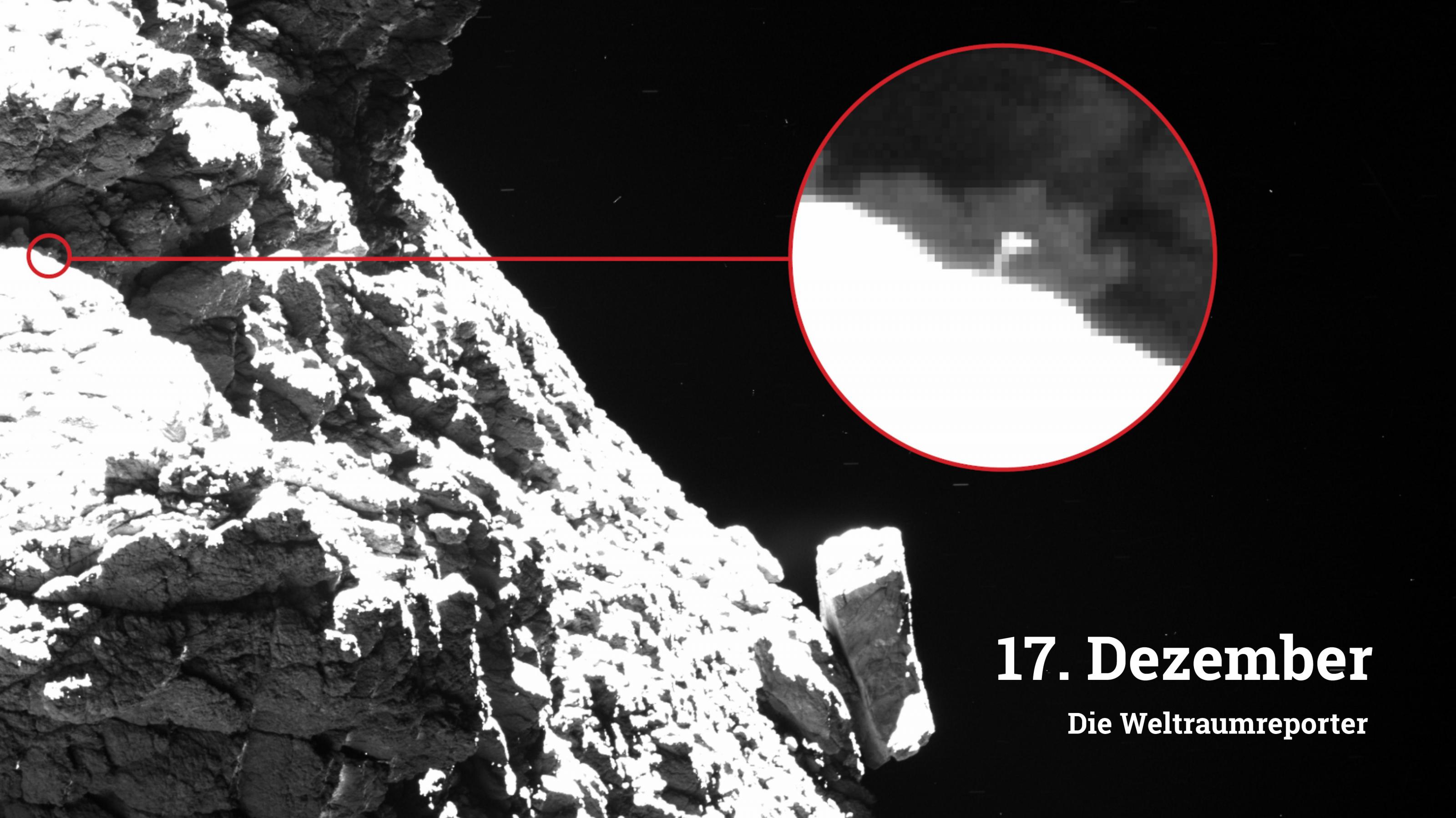 Schwarz-Weiß-Aufnahme des Kometen Tschurjumow-Gerassimenko mit Geröllfeld und Staub, kaum sichtbar: die Landeeinheit Philae