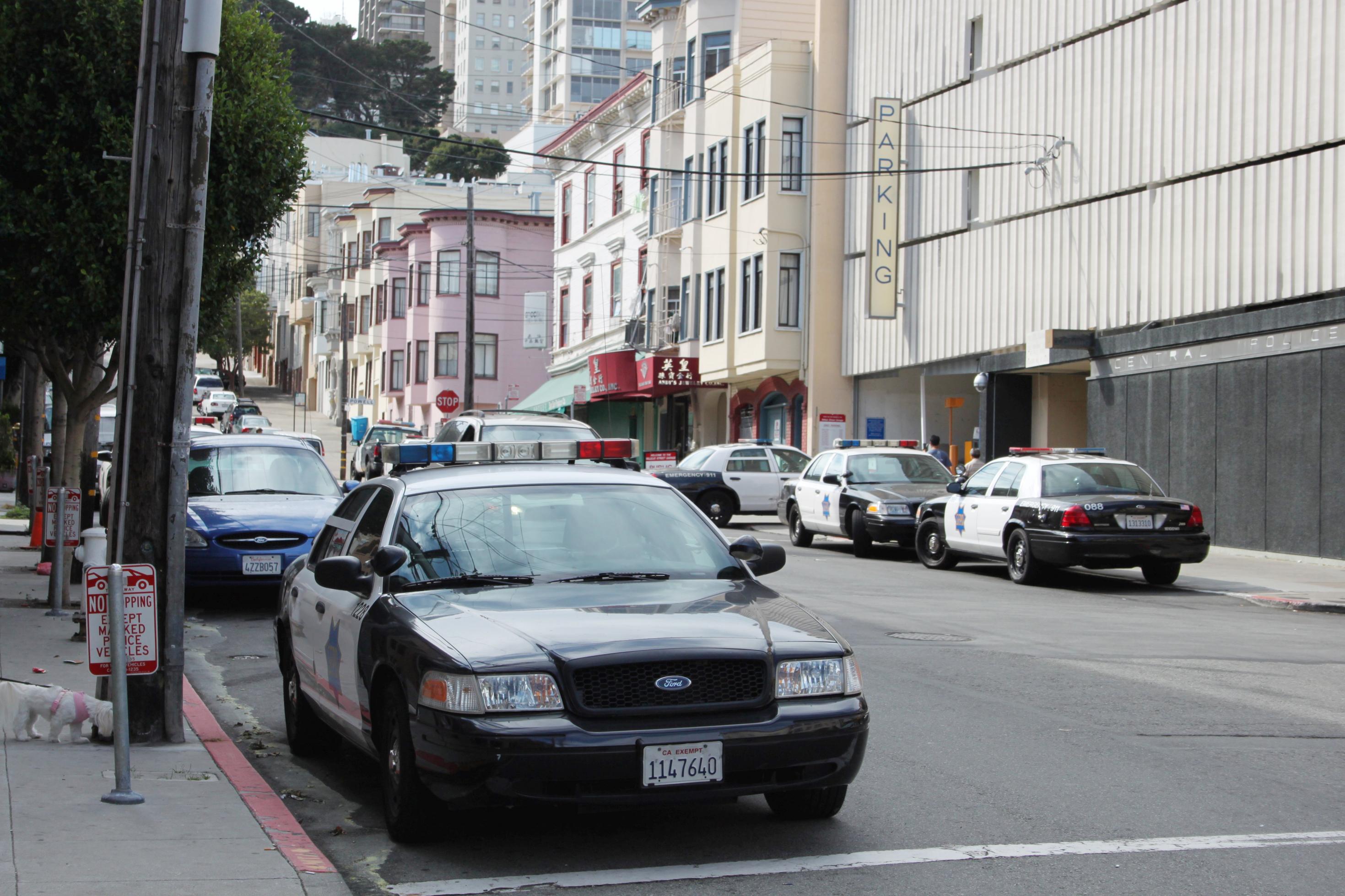 Ein Polizeiauto parkt am Straßenrand. Auf der anderen Straßenseite sind drei weitere Polizeiautos zu sehen.