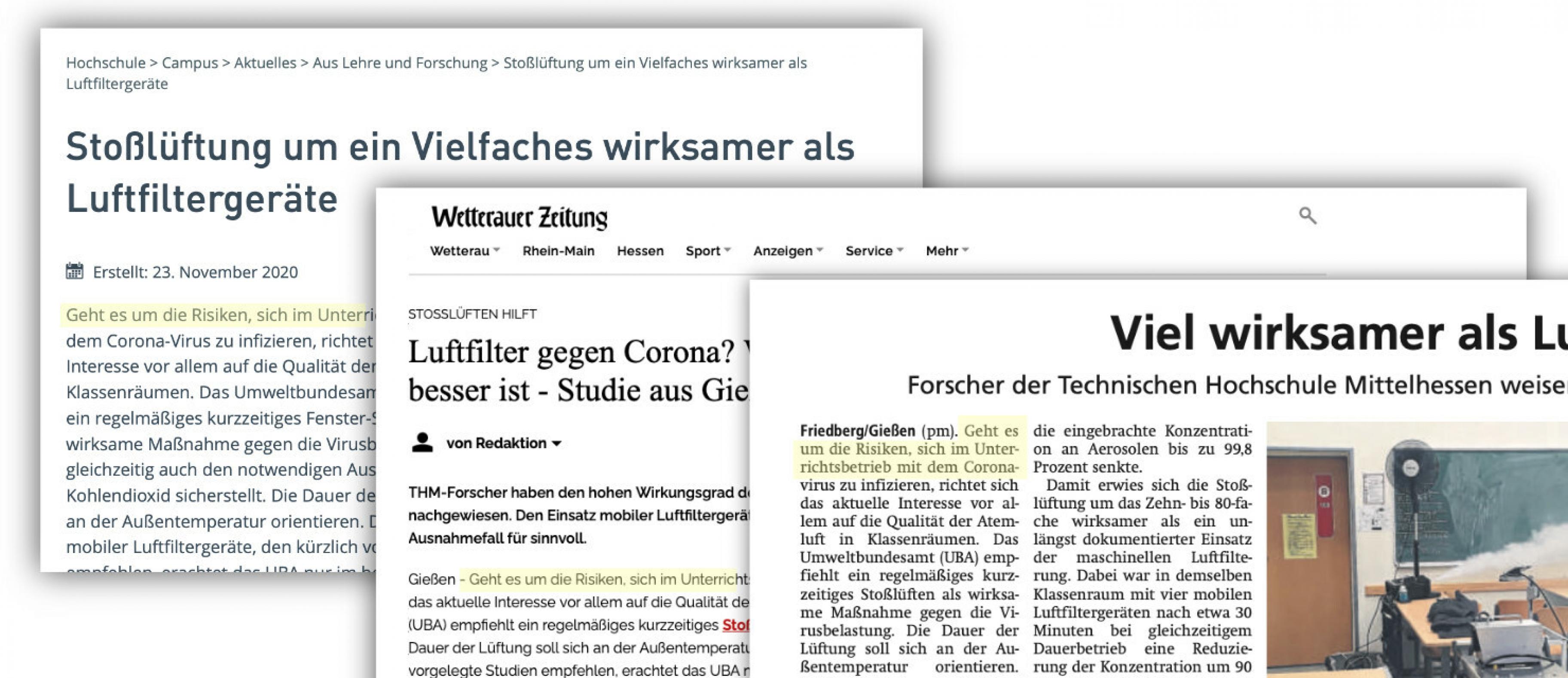 Drei Ausschnitte, dreimal der gleiche Text: Die Pressemitteilung der Technischen Hochschule Mittelhessen, der Online-Artikel und die Print-Version der Wetterauer Zeitung.