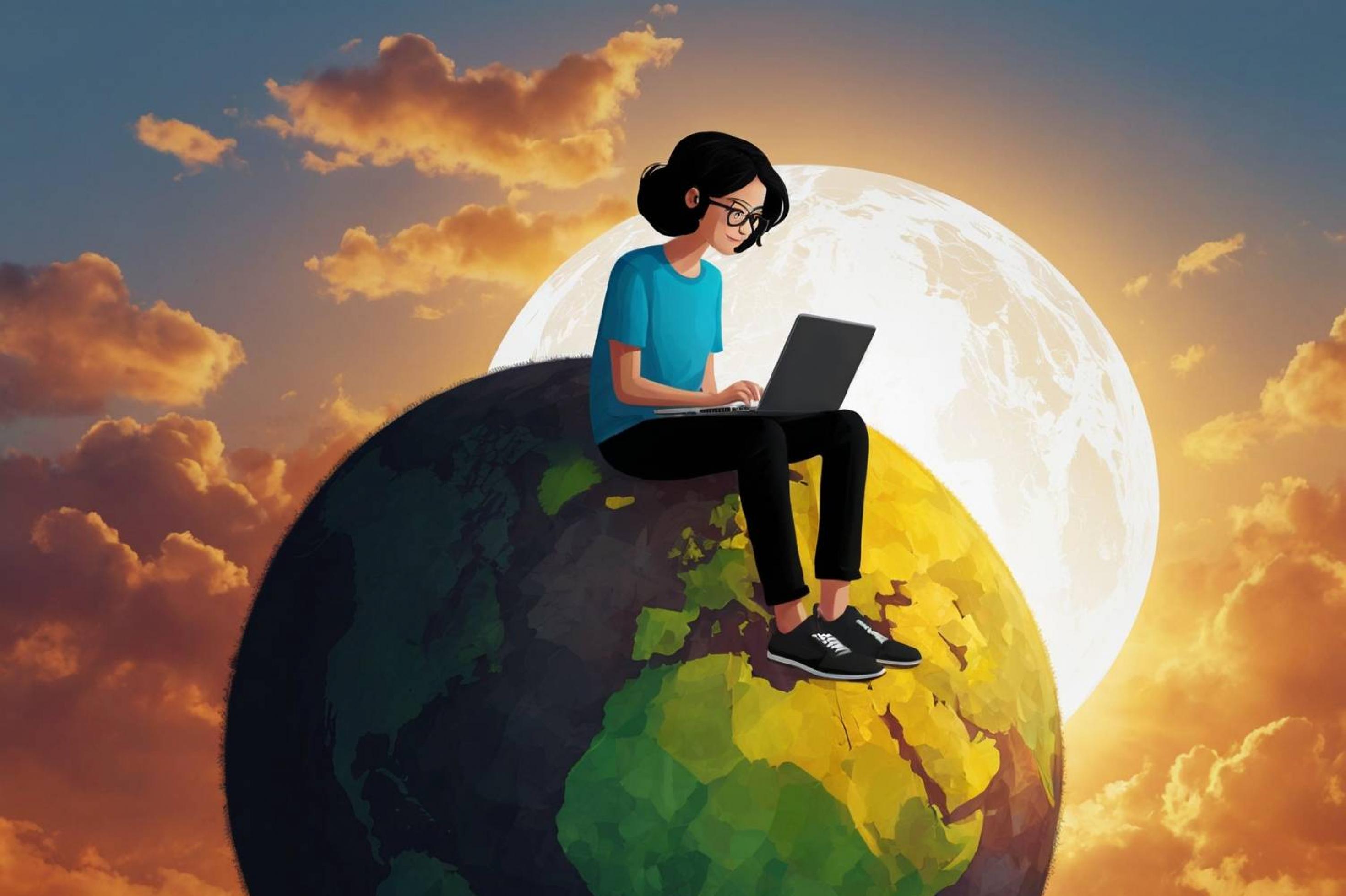 Junge Frau mit Computer sitzt auf einer Weltkugel