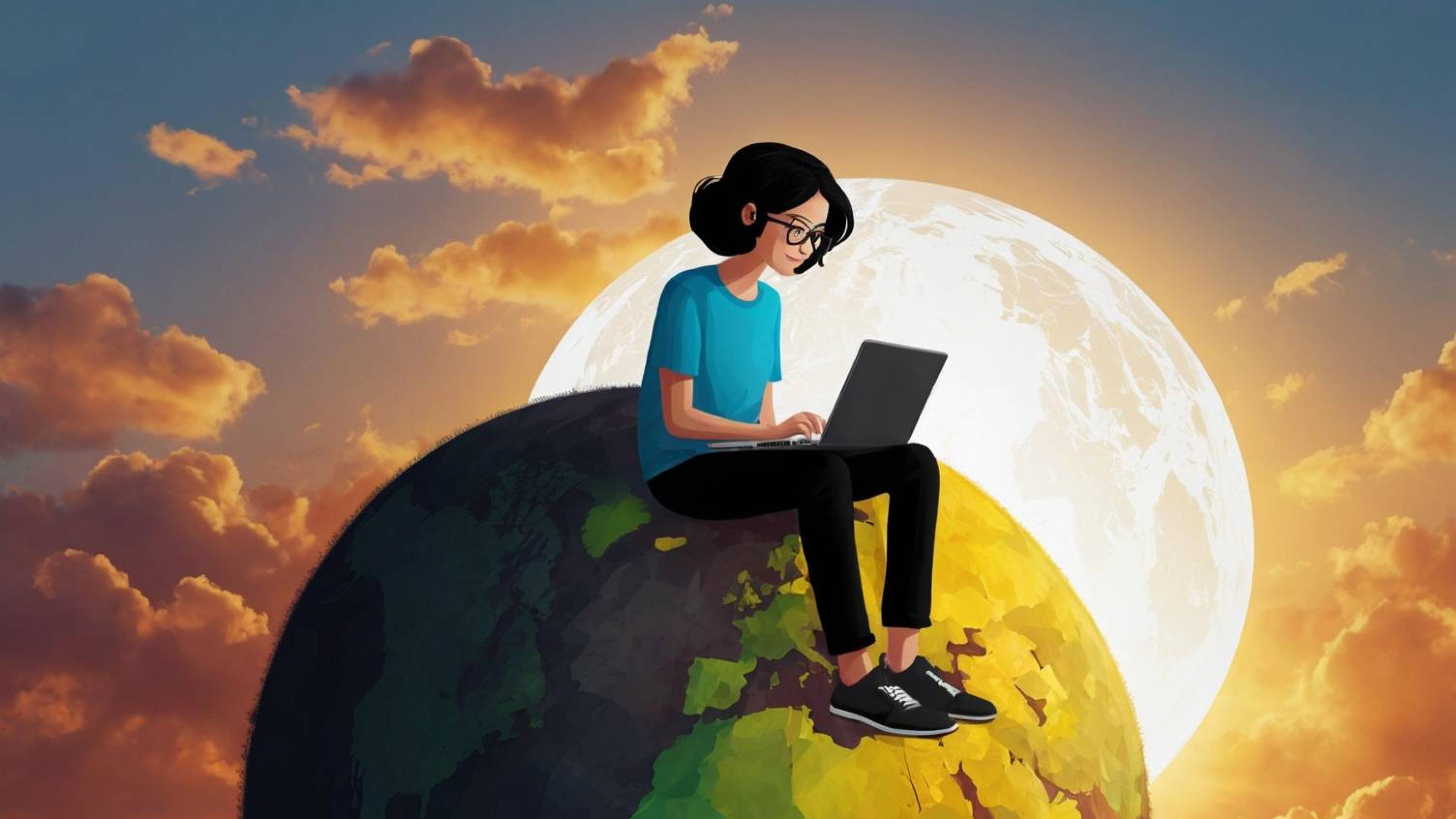 Junge Frau mit Computer sitzt auf einer Weltkugel