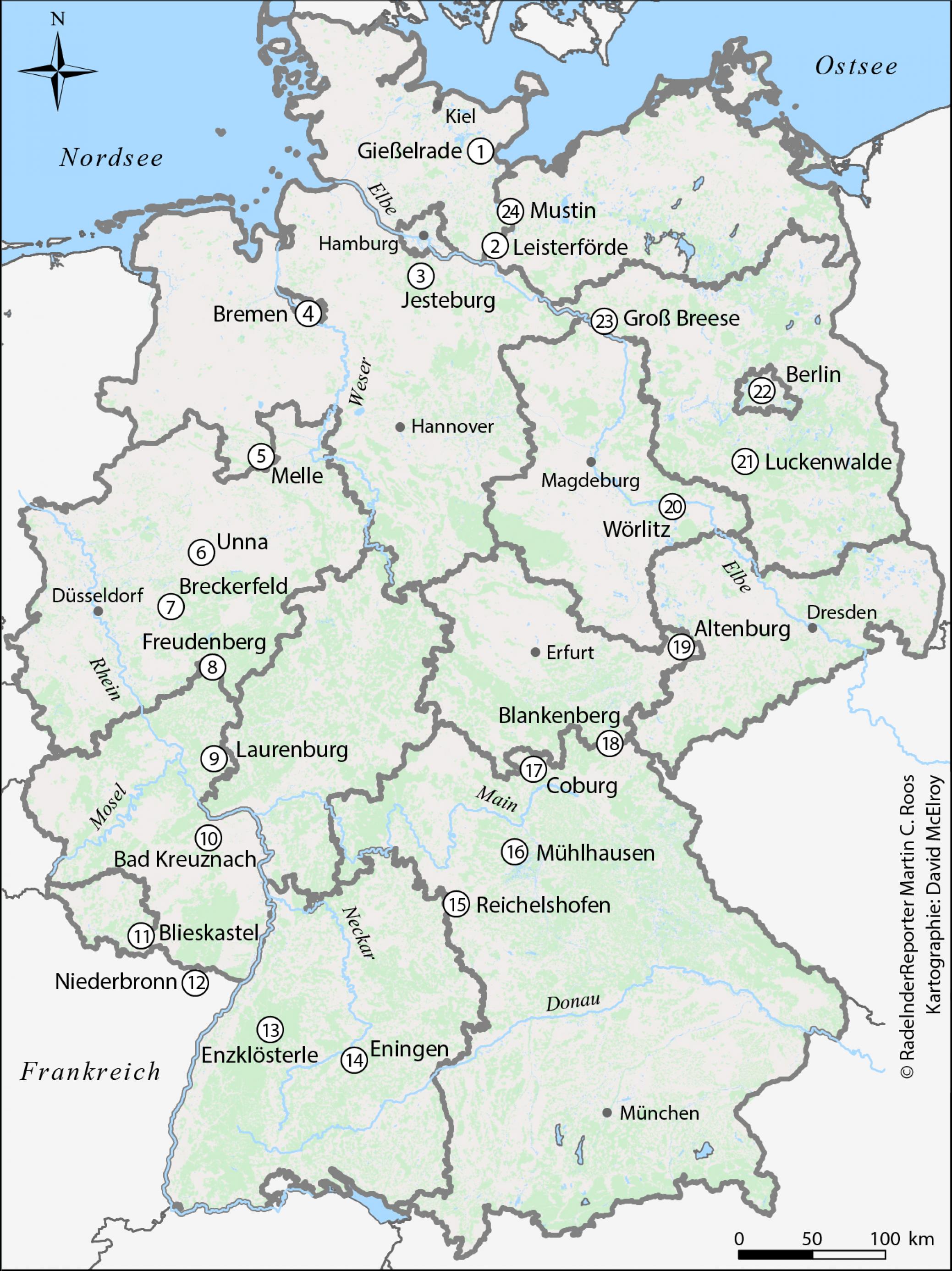 Deutschlandkarte mit 24 markierten Übernachtungsstätten.
