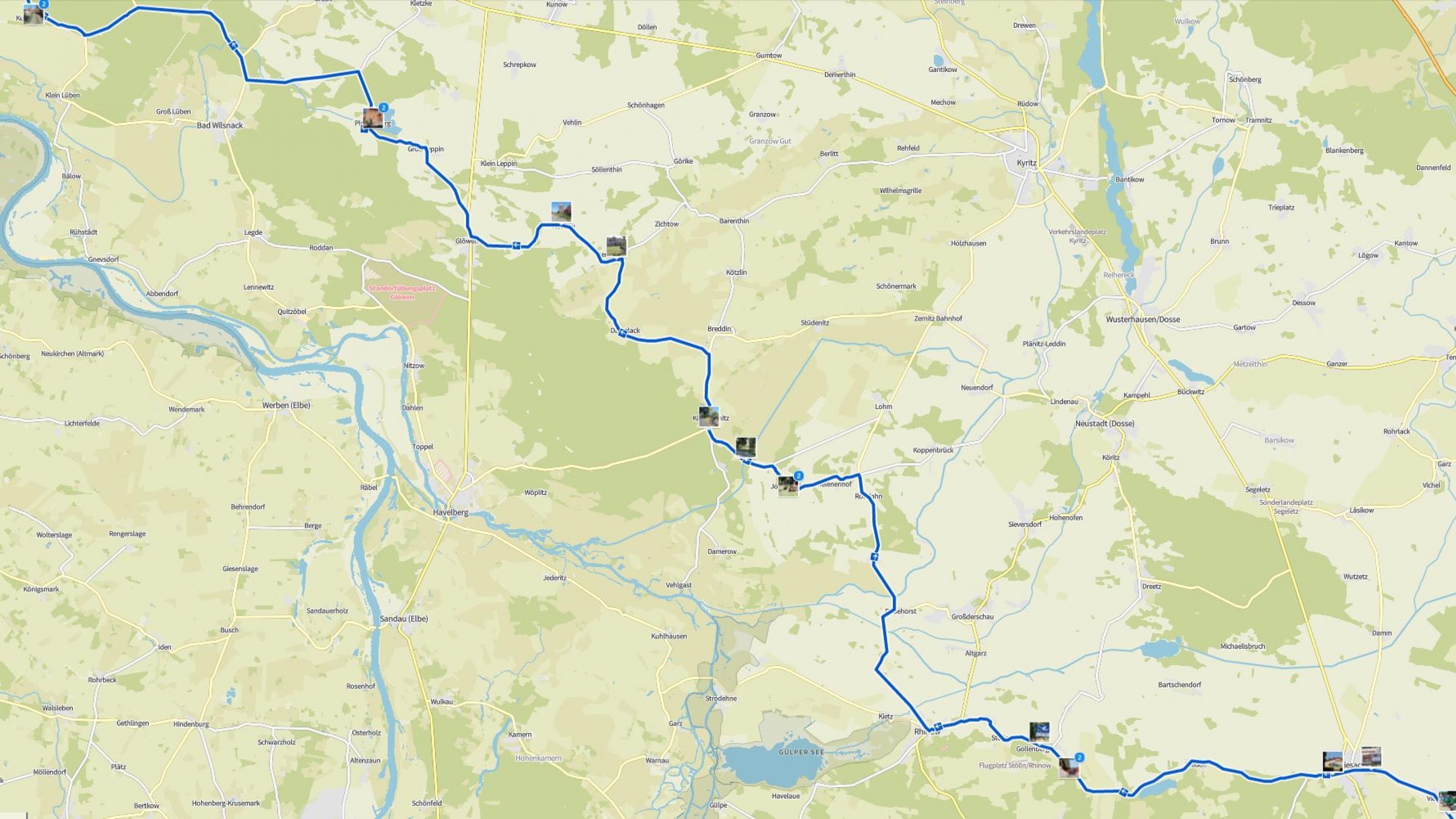 Landkarte mit der Reiseroute des RadelndenReporters, auf der die Fotostationen vermerkt sind.