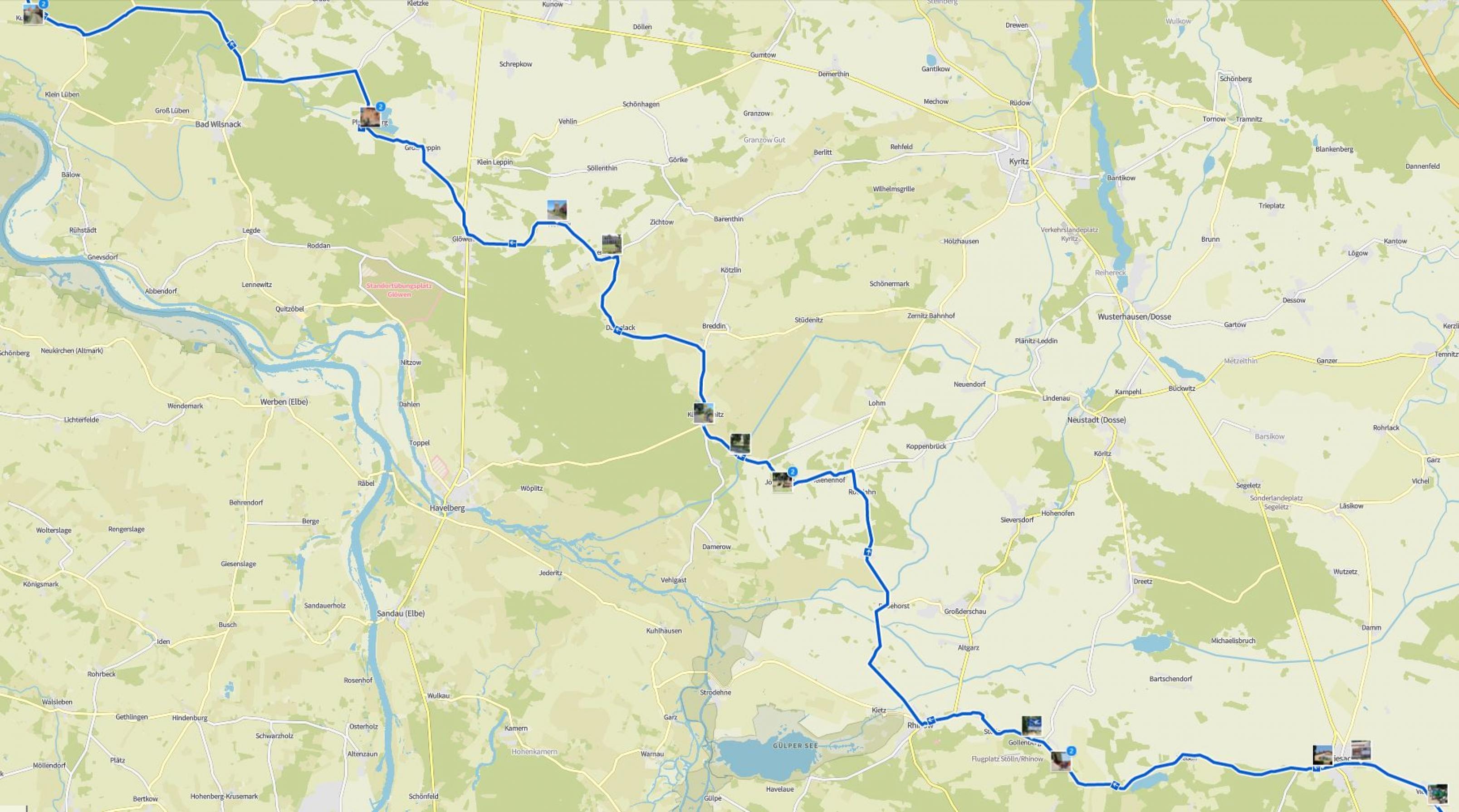 Landkarte mit der Reiseroute des RadelndenReporters, auf der die Fotostationen vermerkt sind.