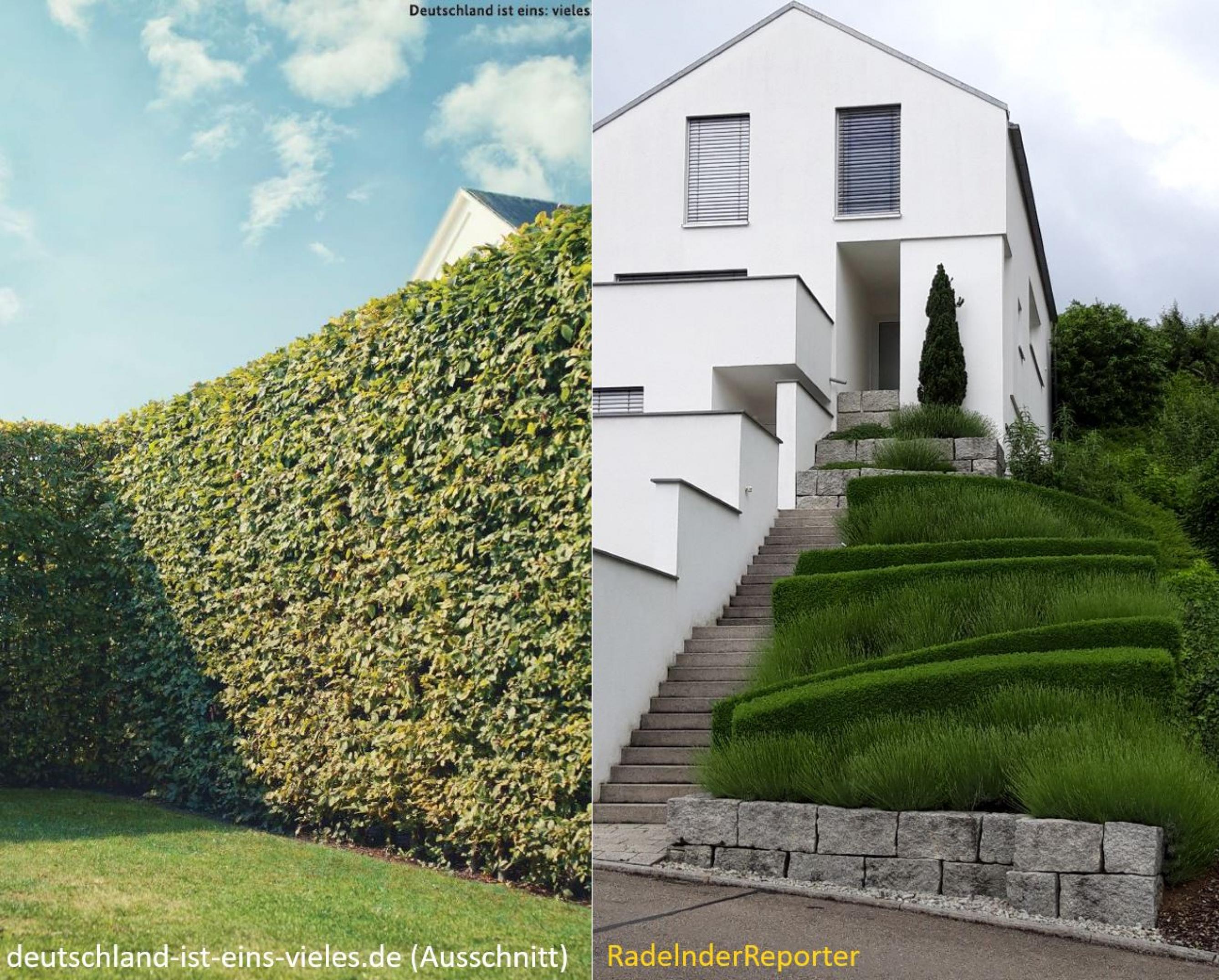 zweigeteiltes Bild: rechts das Bild der Regierungskampagne, links das des RadelndenReporters; beide Bilder zeigen akkurat gepflegte Anwesen in Deutschland.