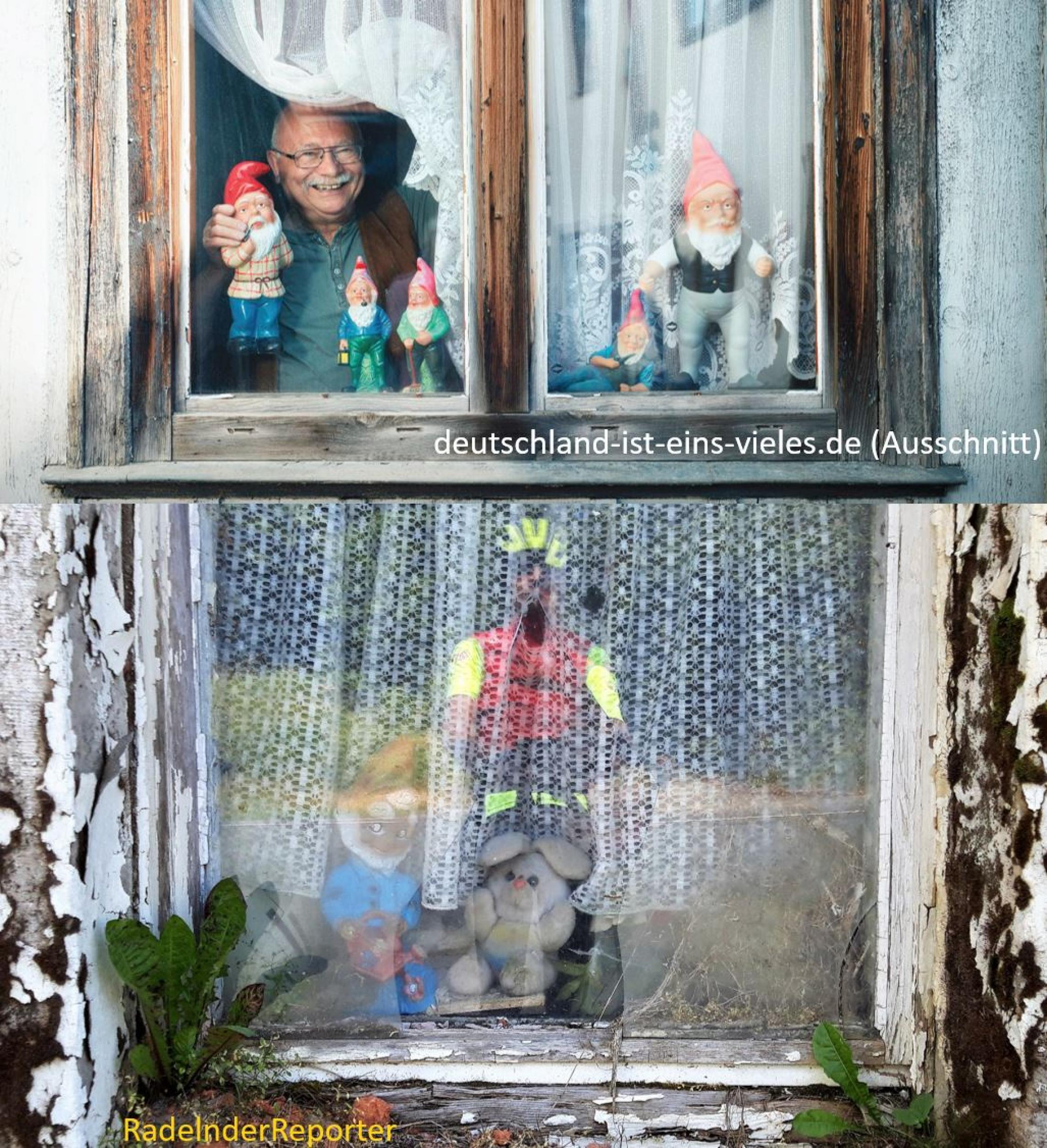 zweigeteiltes Bild: oben das Bild der Regierungskampagne, unten das des RadelndenReporters; beide Bilder zeigen Deko-Artikel in einem Wohnungsfenster.