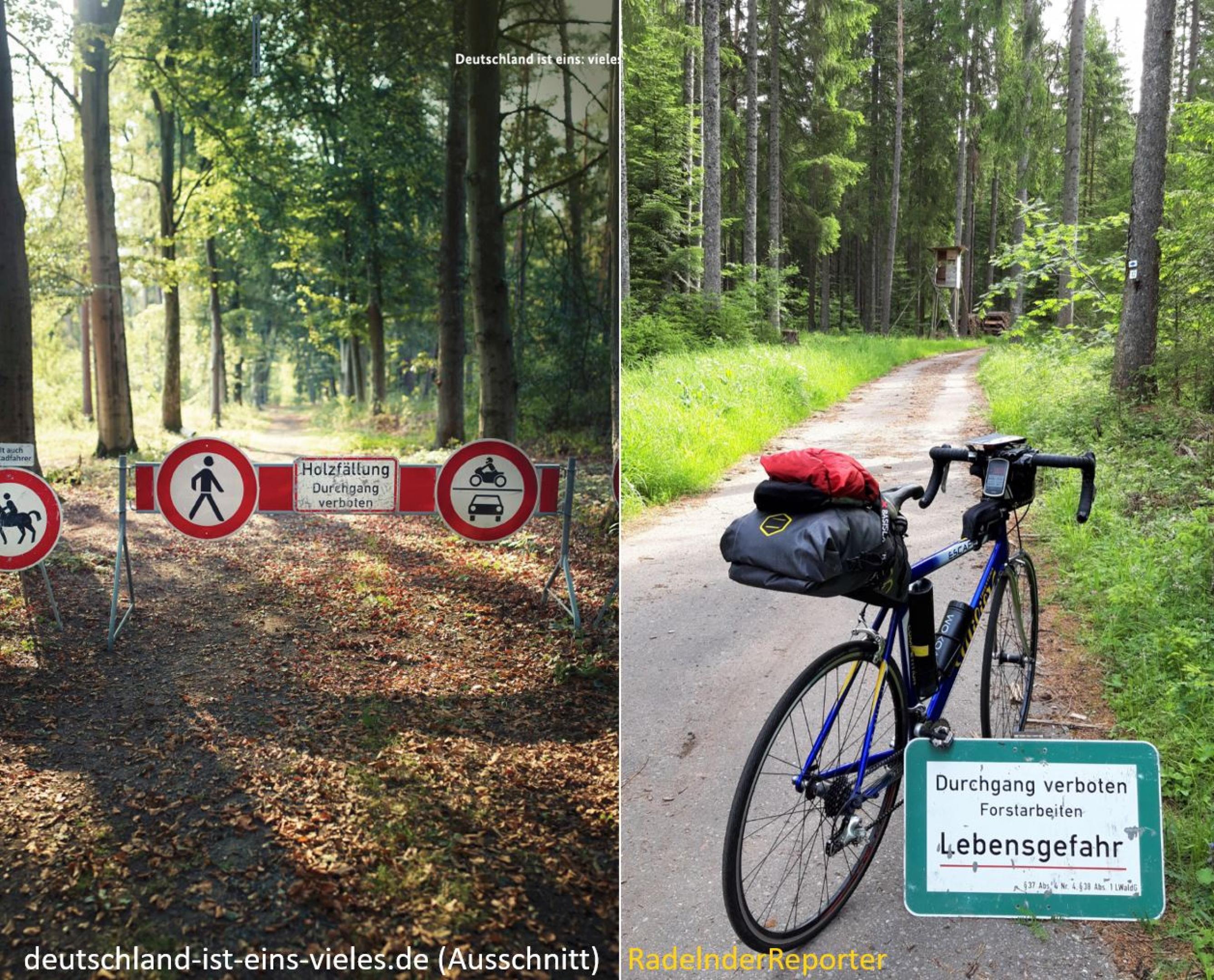 zweigeteiltes Bild: links das Bild der Regierungskampagne, rechts das des RadelndenReporters; beide Bilder zeigen Verbotsschilder im Wald.