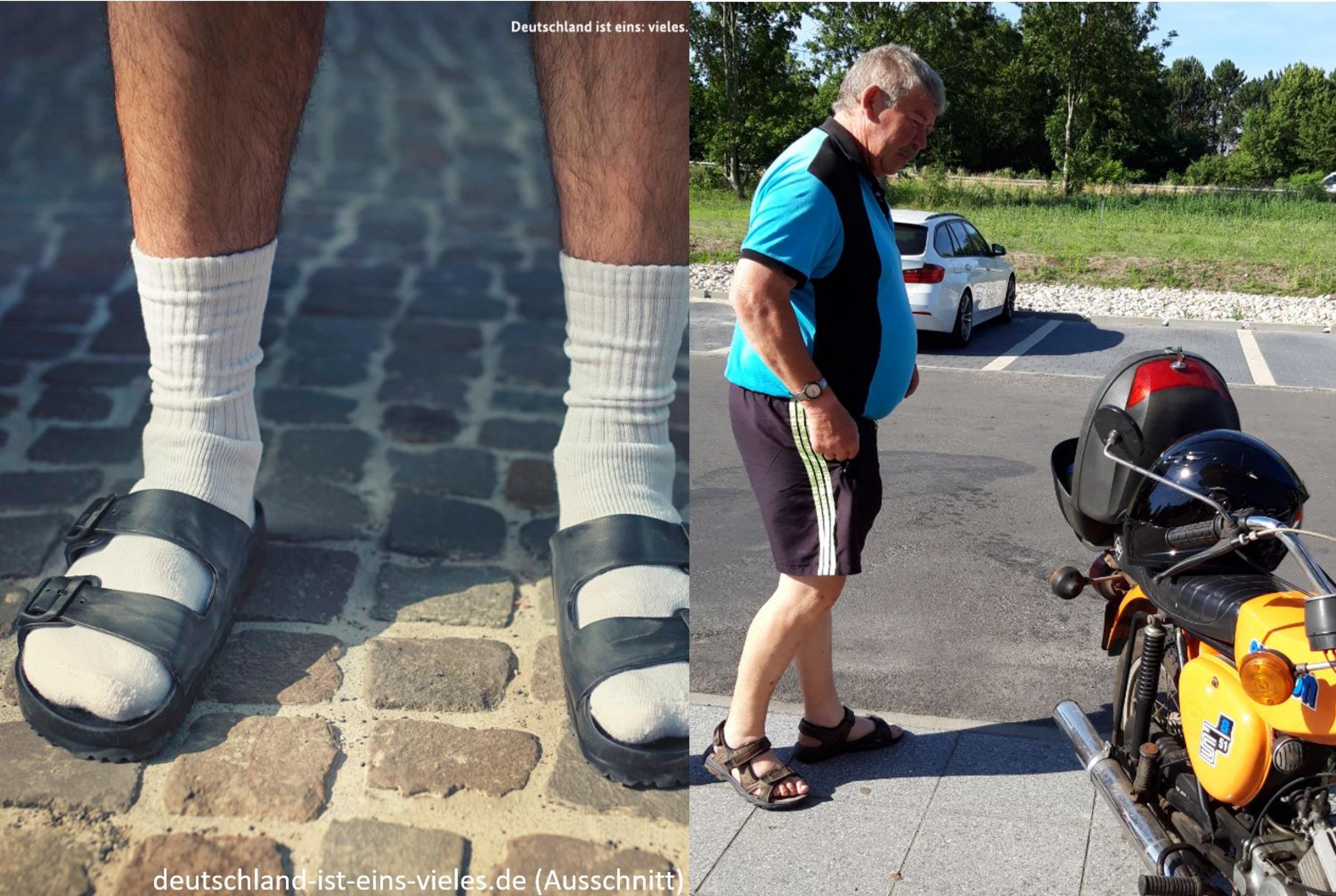 zweigeteiltes Bild: links das Bild der Regierungskampagne, rechts das des RadelndenReporters; beide Bilder zeigen deutsche Sandalenträger.
