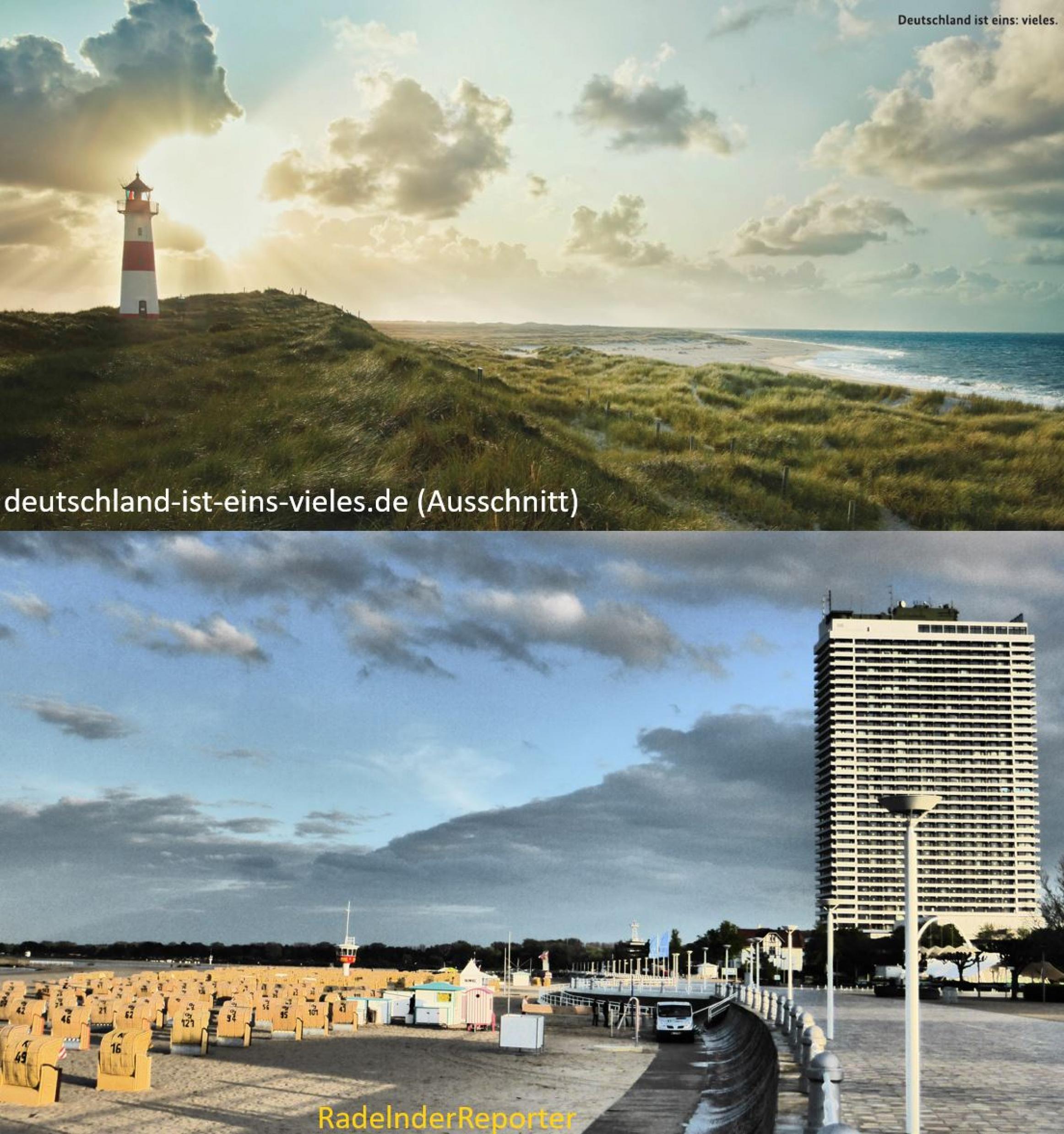 zweigeteiltes Bild: oben das Bild der Regierungskampagne, unten das des RadelndenReporters; beide Bilder zeigen einen deutschen Küstenabschnitt.